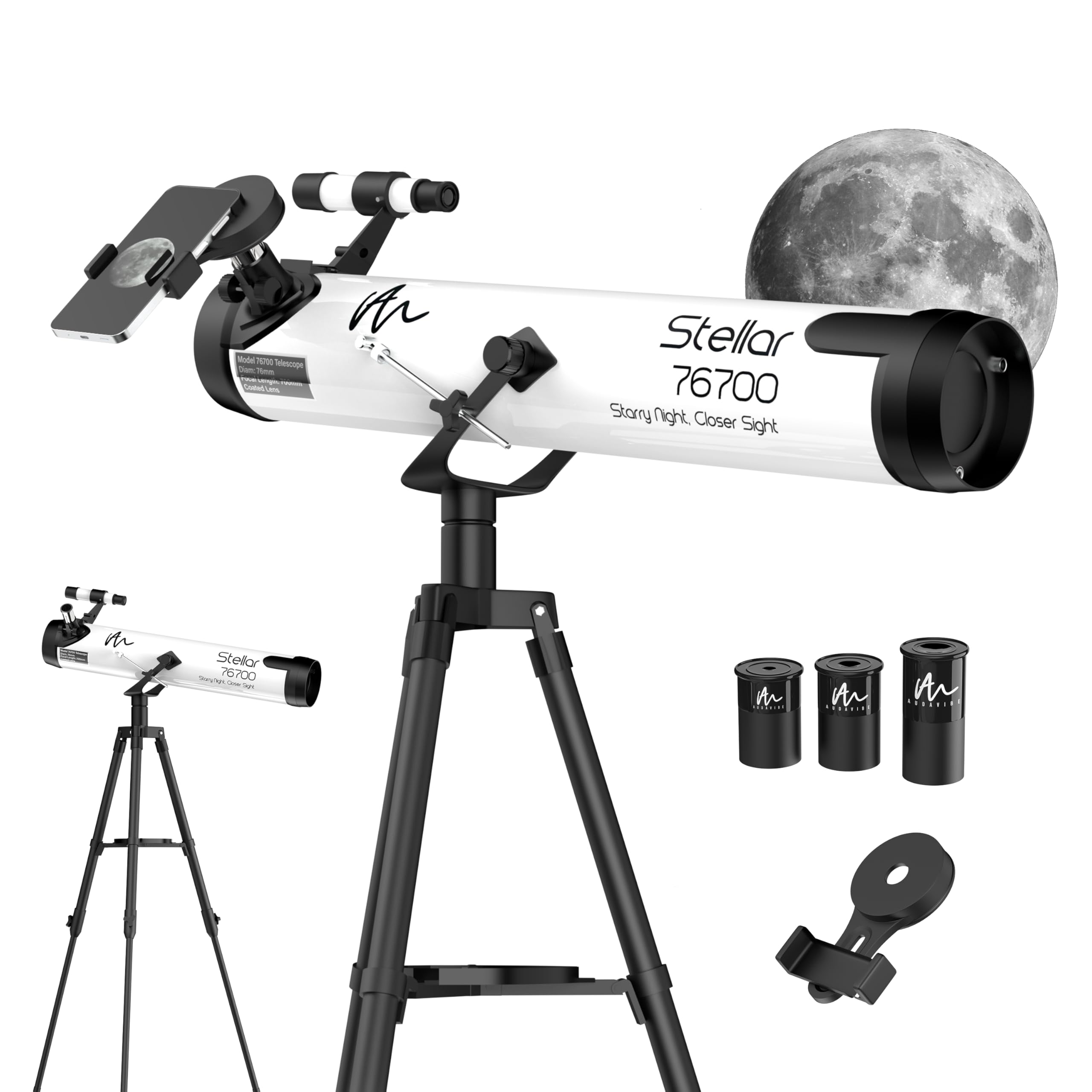 Audavibe Stellar Newtonian Reflector Telescope w 235x Ultra HD Zoom, Fully Coated Glass Optics, Alt-Az Mount w Educational App on Space to Explore Moon, Planets & Deep Sky Objects (70076)