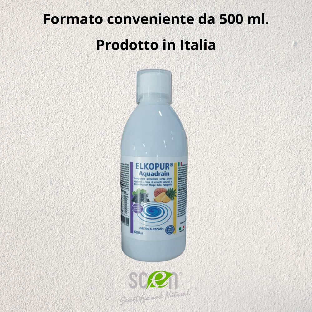 Elkopur Aquadrain – Drenante Liquido con Tarassaco, Orthosiphon, Betulla, Cardo Mariano e Maqui della Patagonia, Estratti Vegetali Selezionati, 3×500 ml, Made in Italy