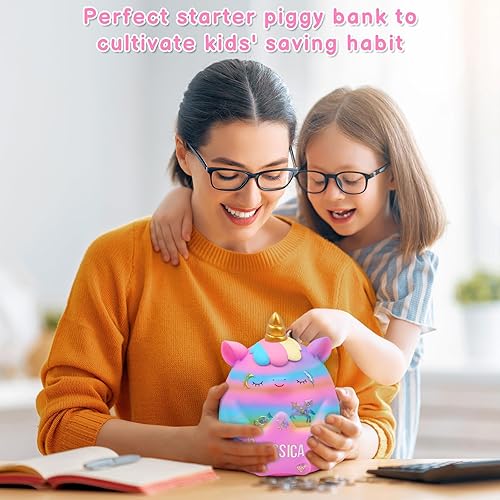 Miniatura 5 de Alcancía de unicornio para niñas, bonita alcancía irrompible de resina con calcomanías y pulsera, juego de pulseras para niños pequeños, regalo de