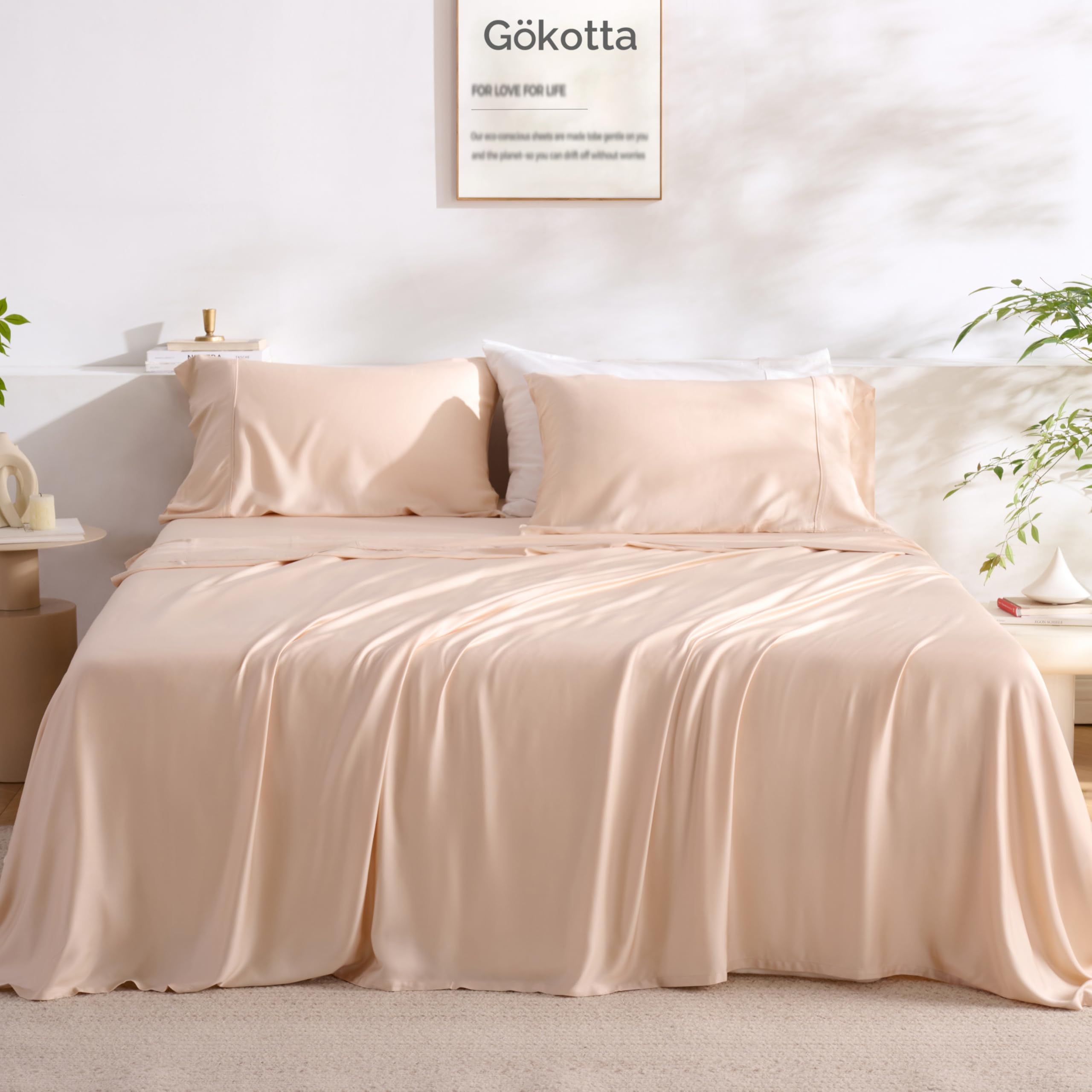 Photo 1 of GOKOTTA 4-Pcs King Size Sheets Set, 100% Rayon Derived from Bamboo, 16 Inch Deep Pocket King Sheets with Elastic Corner Straps, Cooling Sheets for Hot Sleepers - Silky Soft & Breathable - Creamy Peach