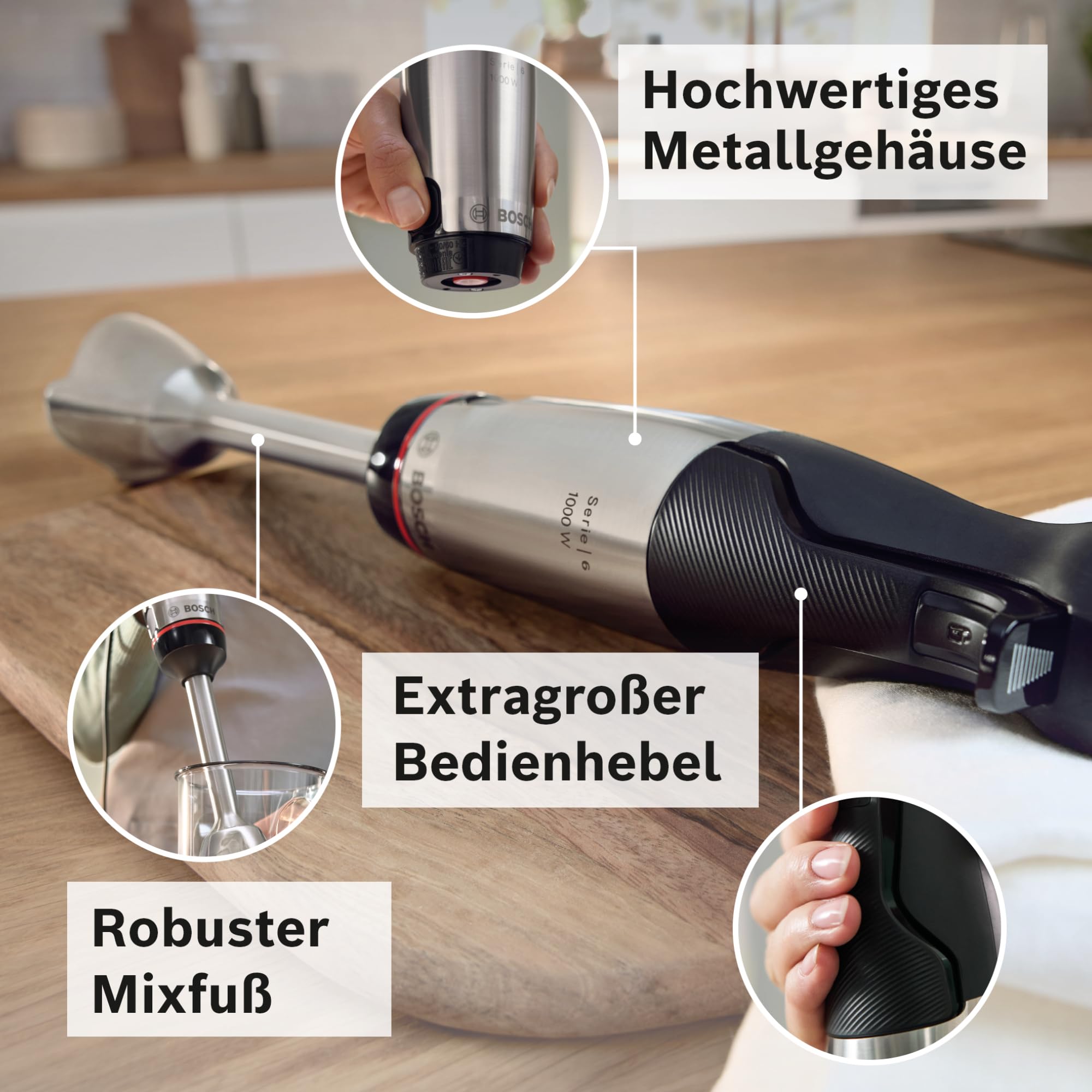 Bosch Stabmixer ErgoMaster Serie 6, mit Zerkleinerer, Schneebesen, Mixbecher, Edelstahl-Klingen, verschleißfreie Keramik-Kupplung, langlebig, Luftkühlung, 1000 W, Edelstahl, MSM6M622