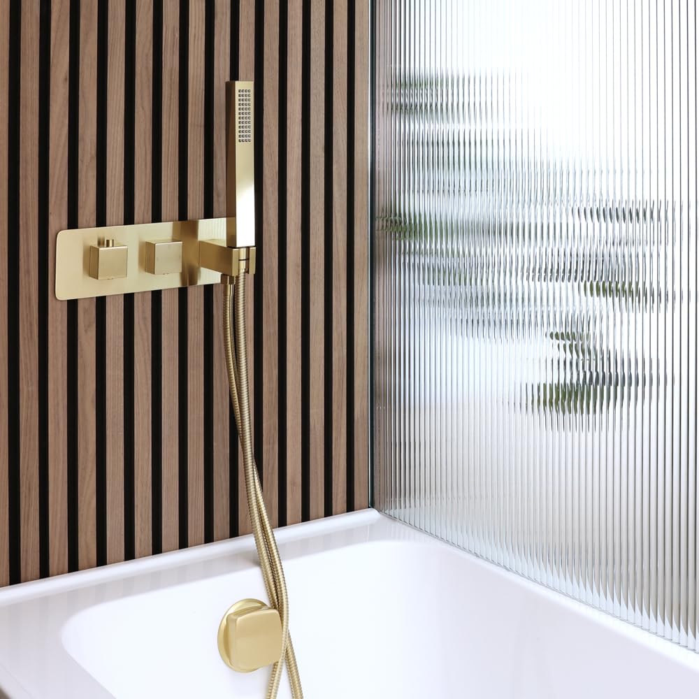 Milano Lyra Thermostatic Mixer Valve Overflow Bath Filler Hand Shower Handset - Brushed Brass