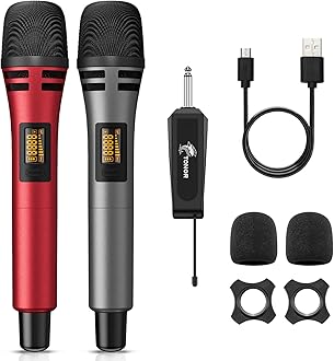 Wireless Microphones, UHF Cordless Handheld Dynamic Mics with 6.35mm Rechargeable Receiver, 60 m Range, 2 * 5 Adjustable Channels for Karaoke, Singing, DJ, Party, Speech, TW320, 2 Mics Grey&Red