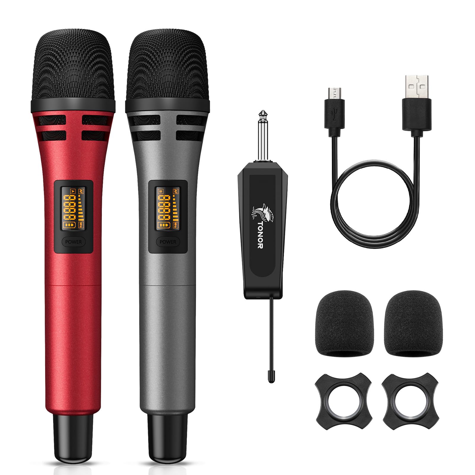 TONOR TW320 Wireless Microphones, 2x UHF Cordless Handheld Dynamic Mics with 6.35mm Rechargeable Receiver, 200ft. Range, 5 Adjustable Channels for Karaoke, Singing, DJ, Party, Speech, Red& Grey