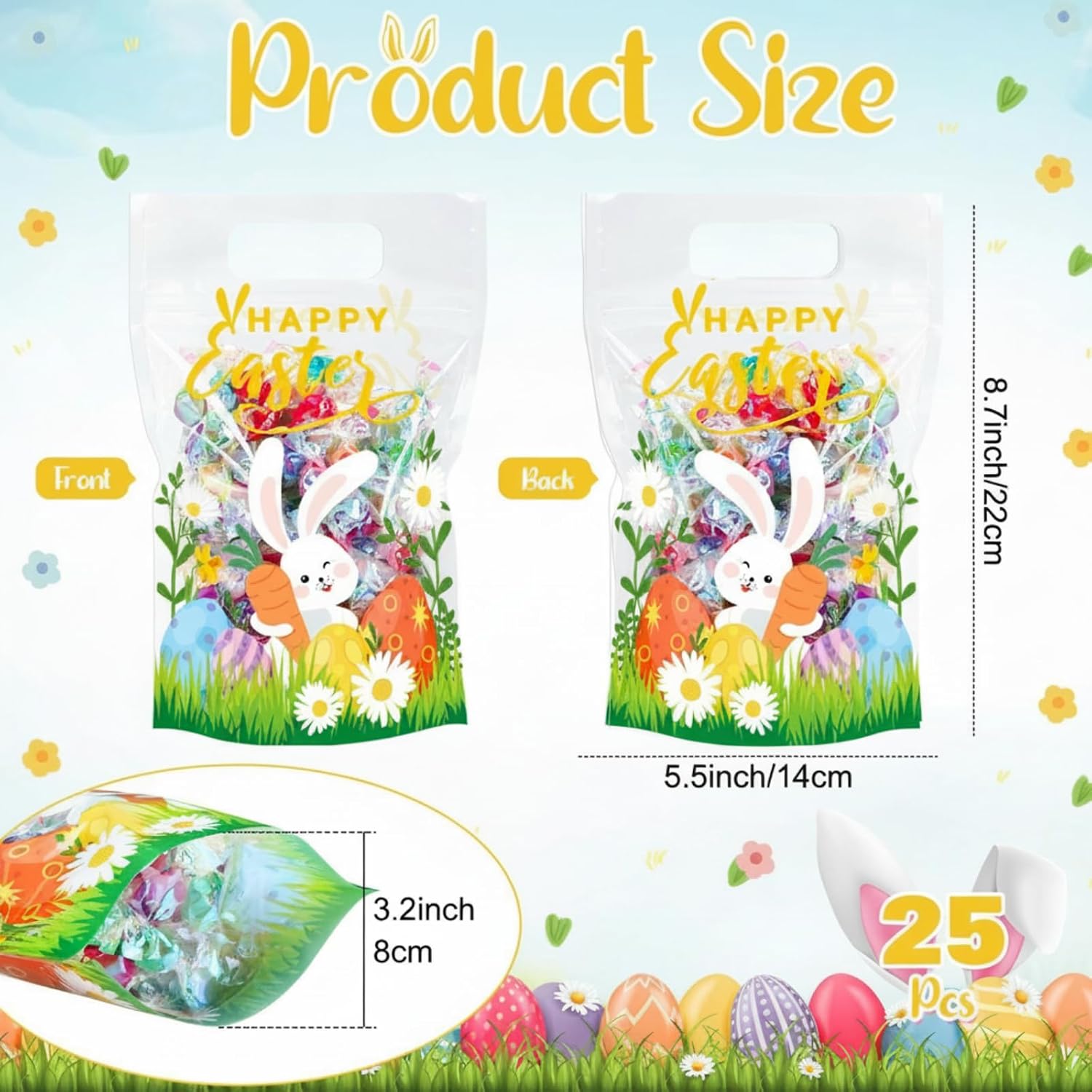 Fuutreo 25 Pcs Happy Easter Gift Bags Self Sealed Bunny Pouches Spring Favor Pouches with Handles Spring Plastic Bags for Egg Hunt Holiday Party Candy Gift Wrap Supplies Decoration(Easter)