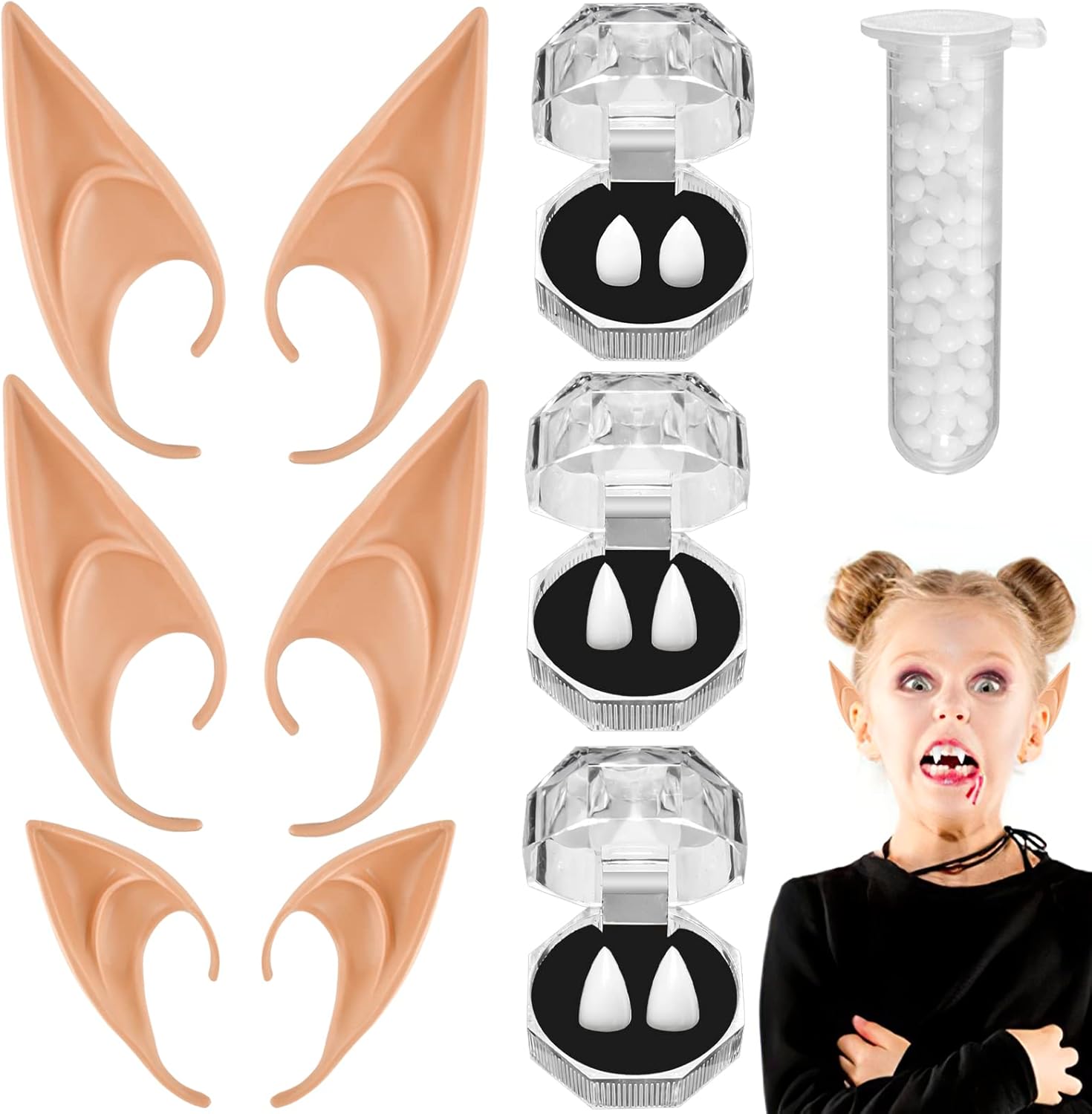 CLUEWR Vampire Teeth Fangs and Elf Ears, Fake Teeth with