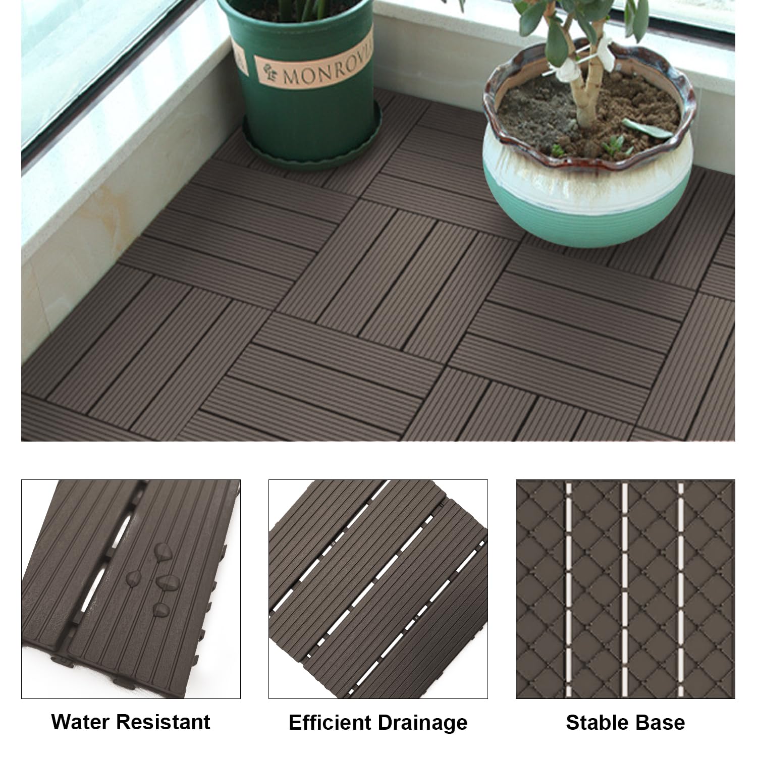 Interlocking Deck Tiles, 27 PCS Outdoor Patio Flooring, 12"x12" Interlocking Decking Tile Outdoor All Weather Use, Waterproof Patio Pavers for Pool Balcony Backyard Porch, Chocolate