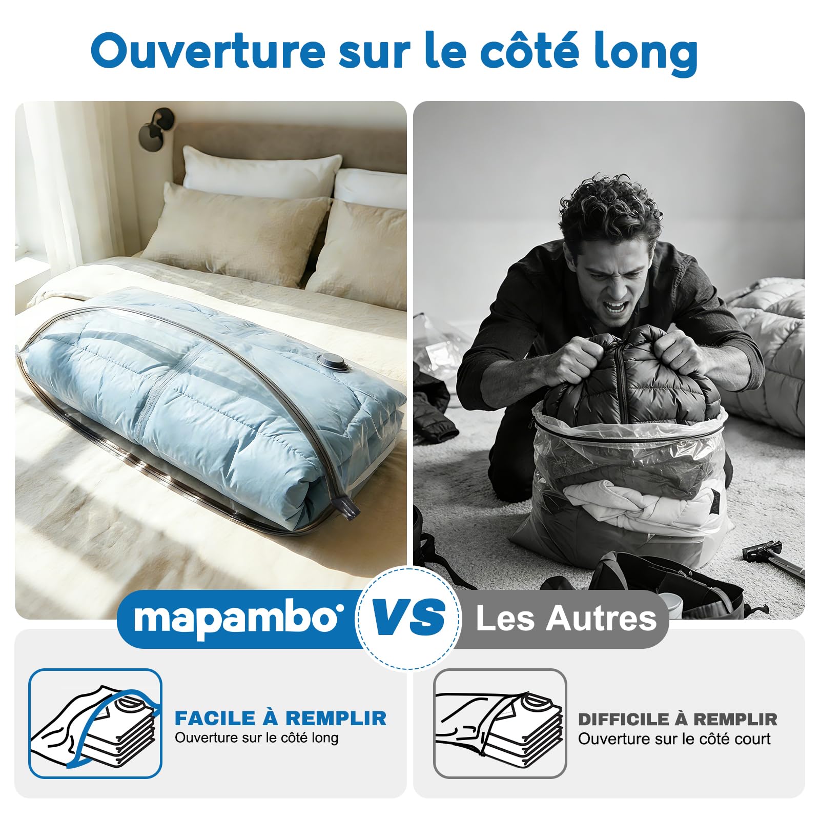 Sacs Sous Vide Vetement Aspirateur avec Pompe Électrique 60000Pa, 18 Unité Sacs de Rangement Sous Vide en 3 Tailles(40*50/40*60/50*60CM), Économisez 80% pour Les Bagages de Voyage et L’organisation