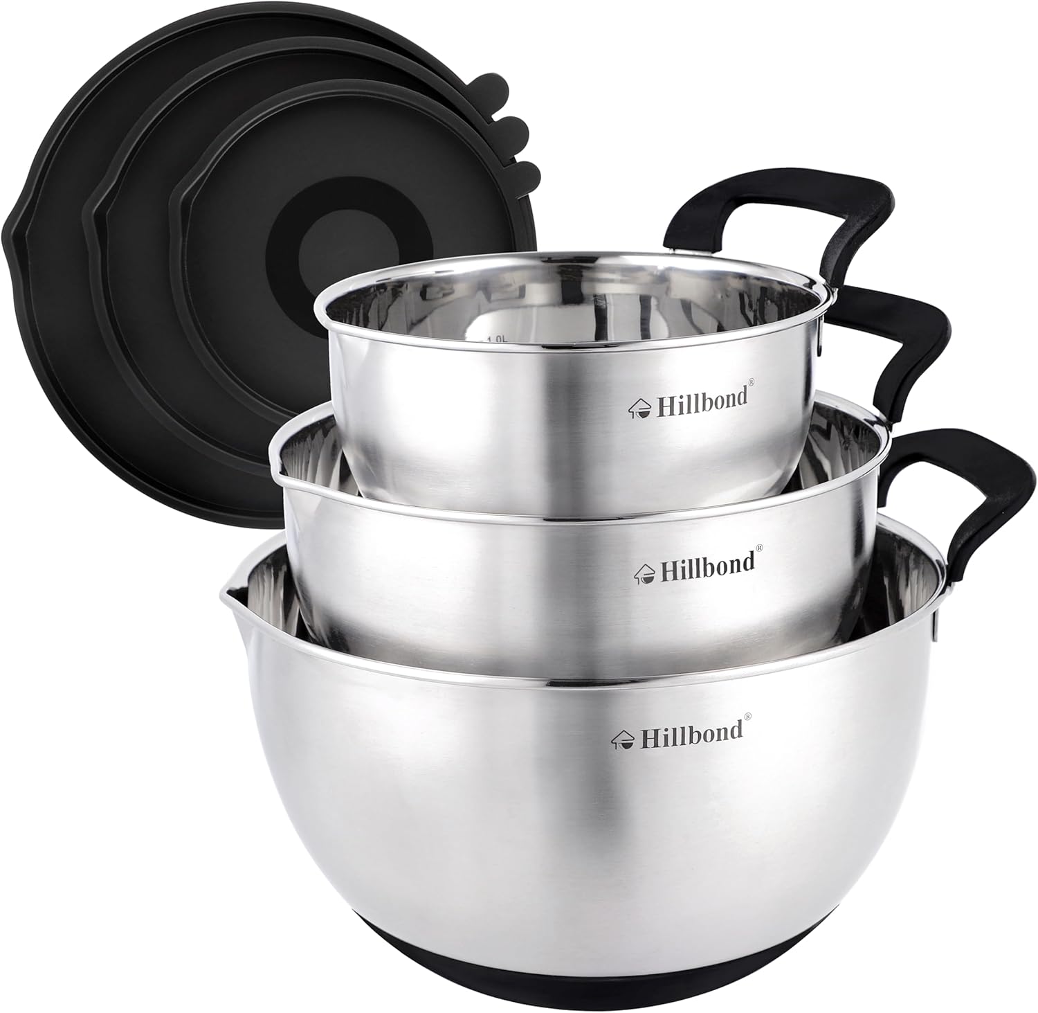 Hillbond Stainless Steel Bowls with Lids Set Mixing Bowls with Pour Spout, Silicone Handle and Non-Slip Bottoms for Baking, Metal Bowls Mixing Dishwasher Safe, Set of 3 (Black)