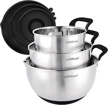 Hillbond Stainless Steel Bowls with Lids Set Mixing Bowls with Pour Spout, Silicone Handle and Non-Slip Bottoms for Baking, Metal Bowls Mixing Dishwasher Safe, Set of 3, Mothers Day Gift Black