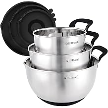 Hillbond Mixing Bowls Set Stainless Steel Nesting Bowls with Pour Spout, Handle and Lid for Cooking Baking Set of 3 - 1.5QT, 3QT, 5QT Black