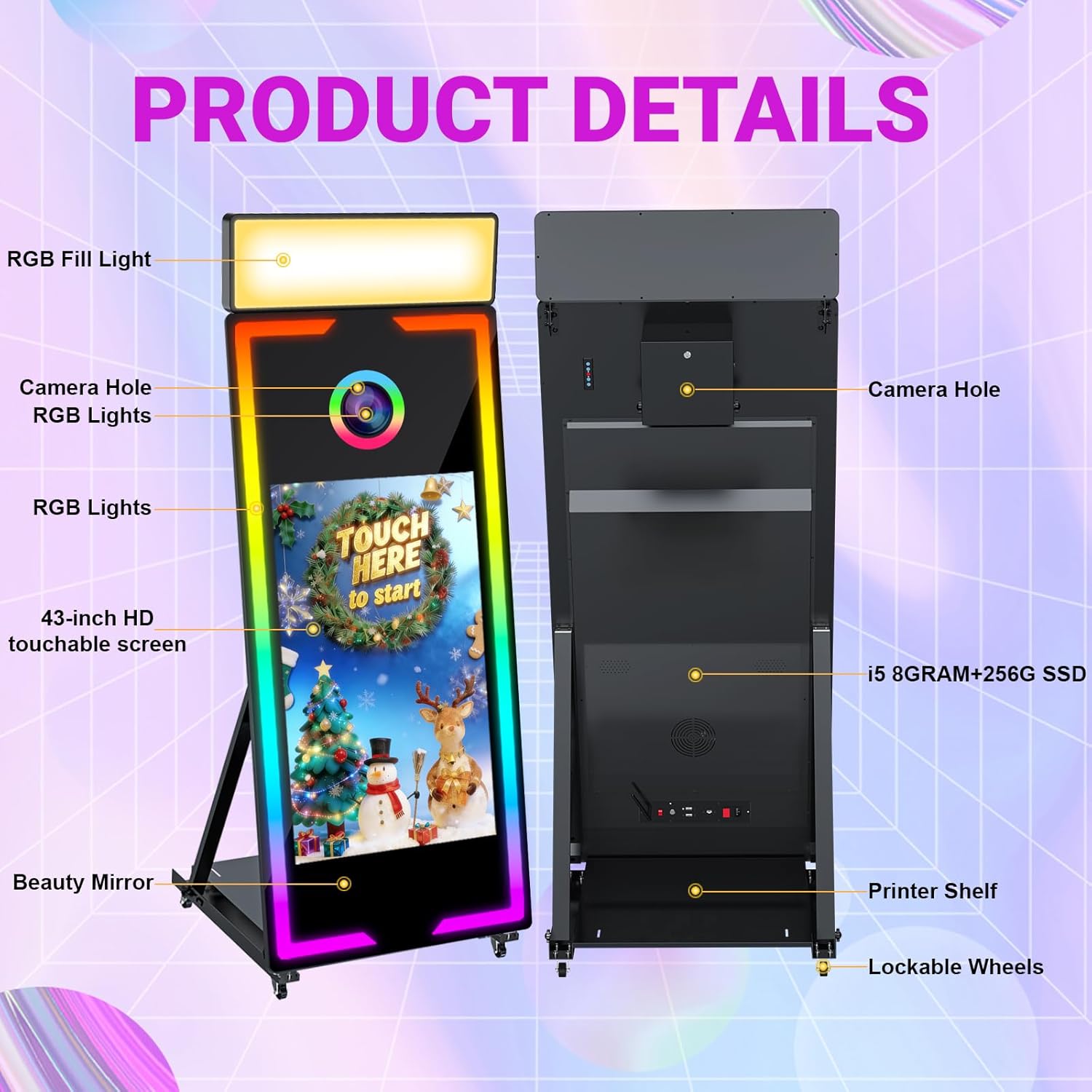 Magic Mirror Photo Booth, 65'' Mirror Photo Booth with Camera and Printer, 43'' Interactive Touch Screen, with Square Light, Instant Print – Suitable for All Types of Photography Needs (White)