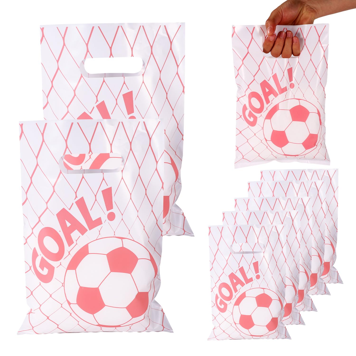 BOXOB 50pcs Football Gift Bags, PE Soccer Treat Goodie Bags Pink Snack Present Candy Handbags Party Favor for Team Kids Teens Games Sports Events Supplies
