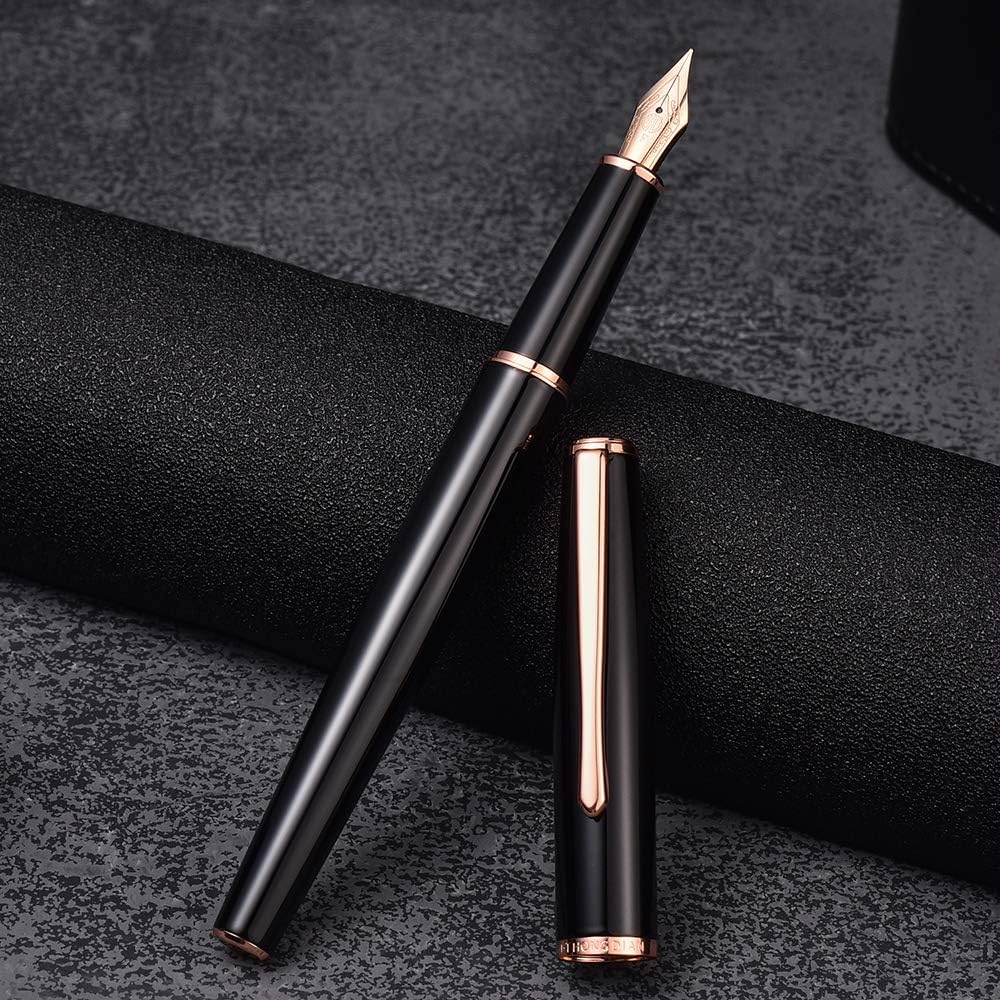 HongDian 920 Black Metal Fountain Pen, Rose Gold Plated Extra Fine Nib Smooth Writing Pen, Classic Pen with Ink Converter