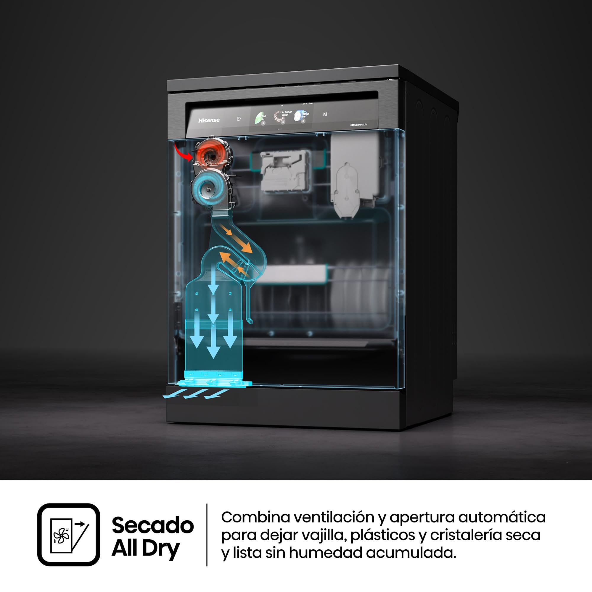 Hisense HS693A90ADBX - Lavavajillas Clase A, 16 Servicios, Fondo 60cm, Pantalla TFT Vision Plus 6.86", Super Wash IA, Programa ECO IA, Secado All Dry, Media Carga Auto, Tercera Bandeja, Inox