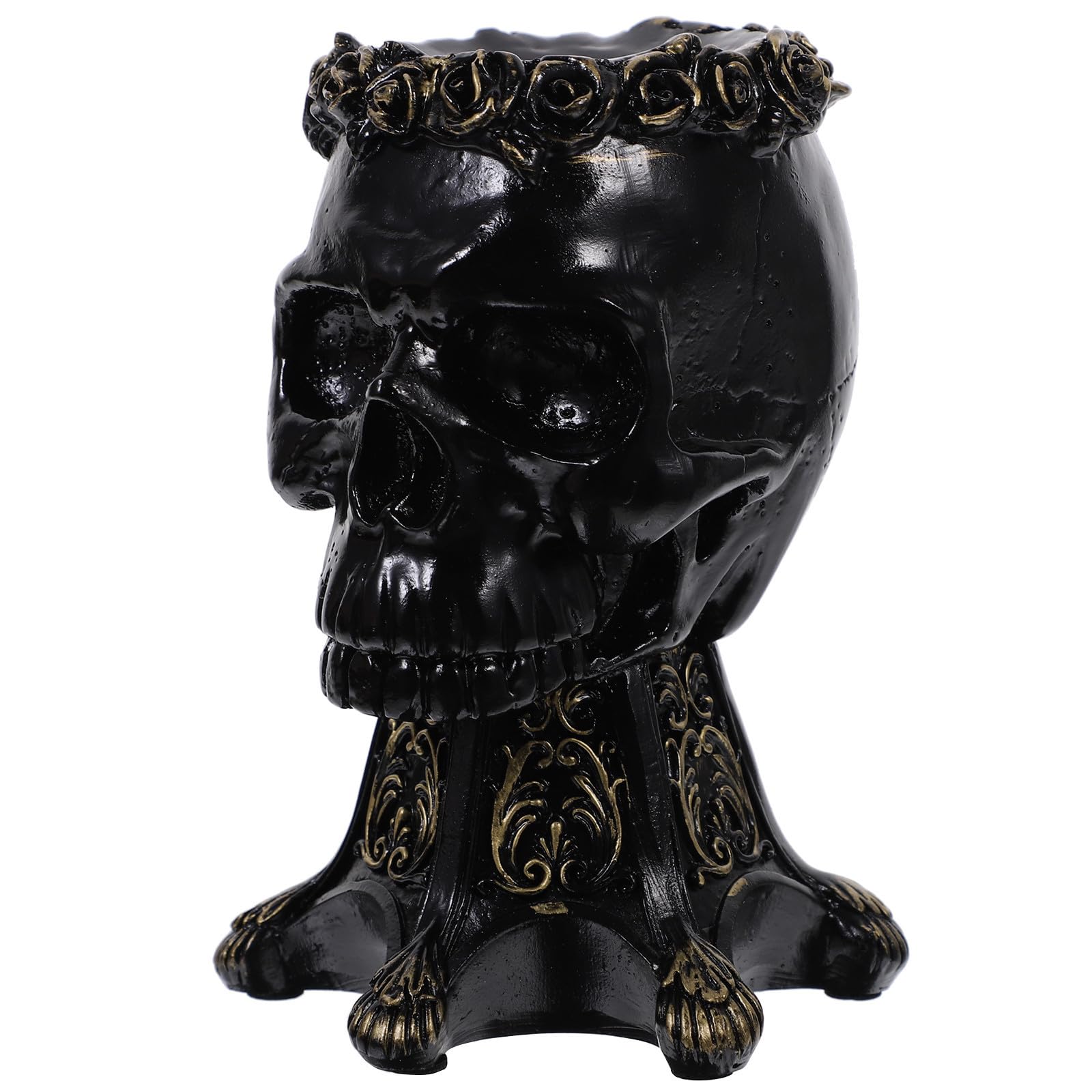 Escultura de Calavera de Resina Negra Base Soporte para Bola de Cristal, Decoración Única para Fiesta de Halloween y Hogar