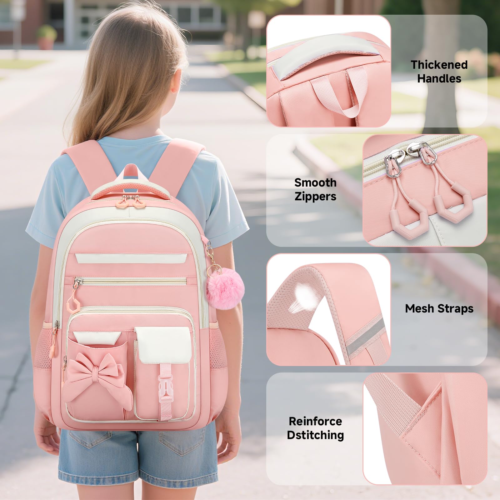 Amythe Zaino Scuola Elementare Bambina 3 Pezzi, Set Zaini Bambina Set 6-11 anni con Sacchetto per Pranzo e Astuccio per Matite, Zainetto Ragazza per Scuola, Rosa