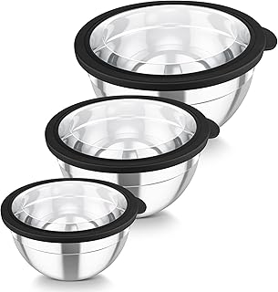 TEAMFAR Rührschüssel Set, 3 Stück Edelstahl Schüssel mit Transparenter Luftdichtem Deckel, Stapelbar Schüsselset, 4,5L/3L/1,5L, Salatschüssel zum Servieren/Kochen/Backen, Spülmaschinenfest - Schwarz