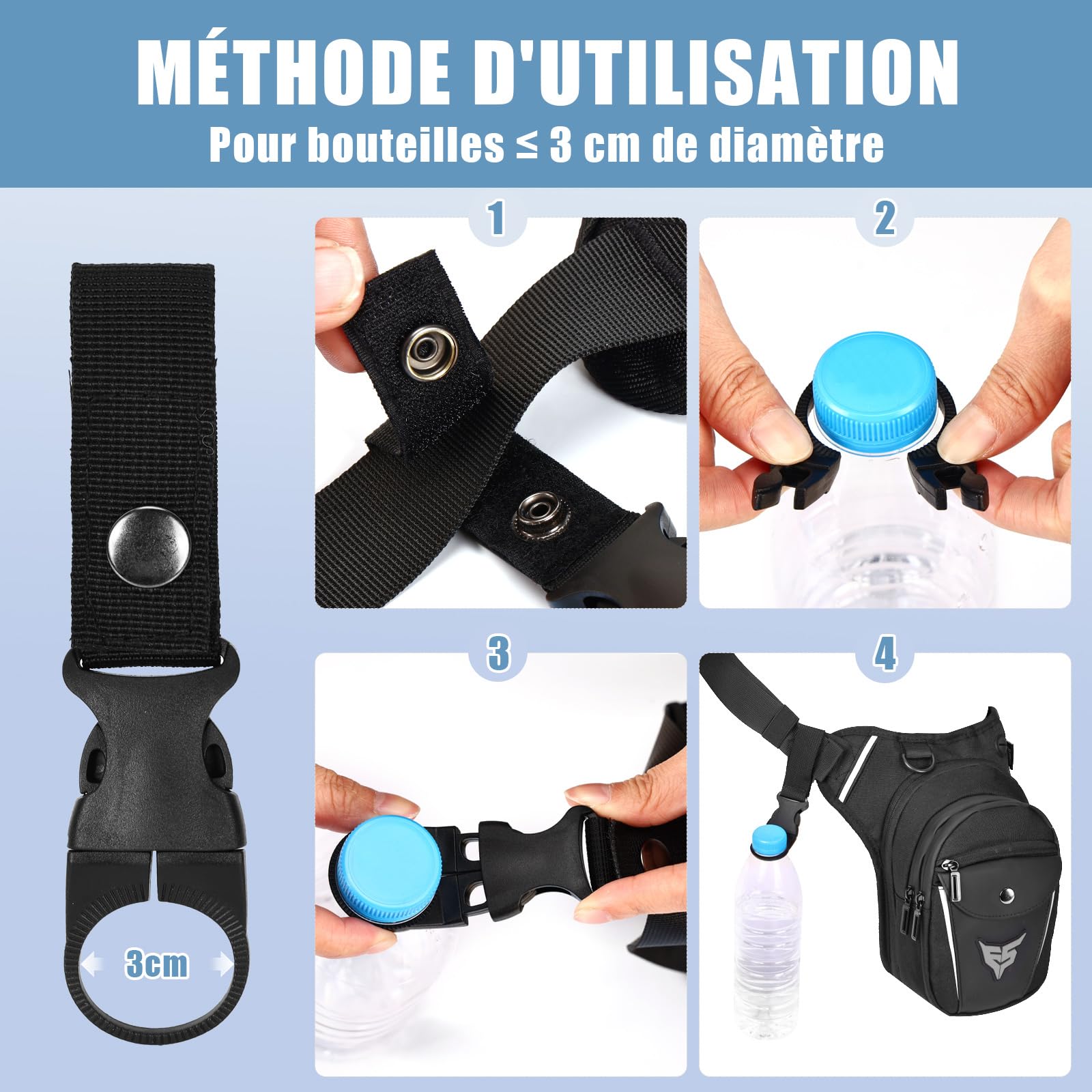 Eshow Sacoche de Jambe Moto Capacité Extensible, Sac Banane Femme Homme avec Bande Réfléchissante, 1 Clip à Gourde, 2 Mousquetons pour Randonnée Pêche