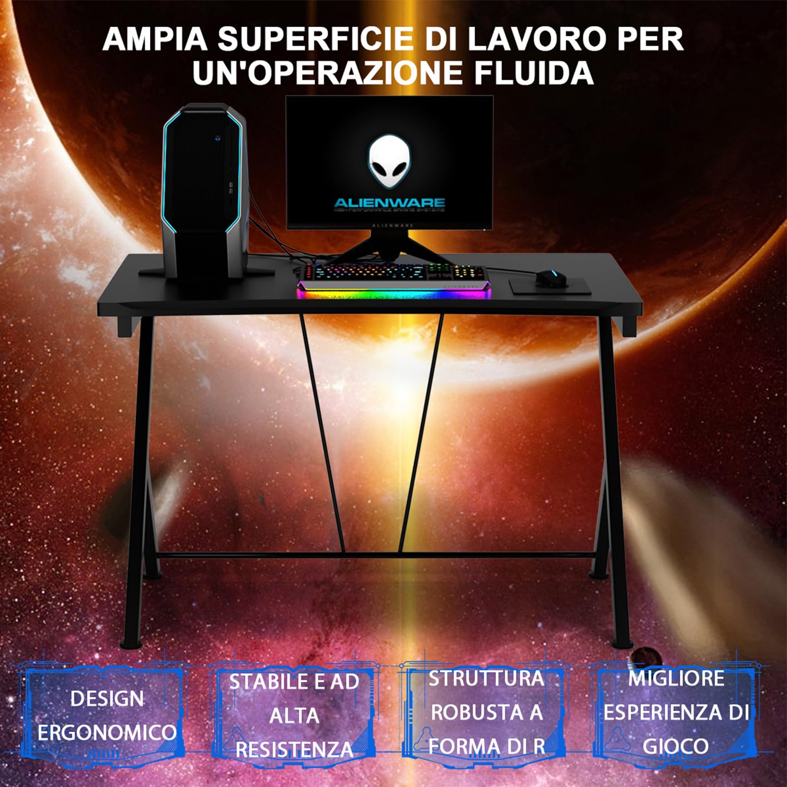 COSTWAY Scrivania Gaming Ergonomica da 116 CM, Scrivania Multiuso per Computer con Struttura Robusta in Metallo, Postazione PC per Gaming Studio Lavoro, 116 x 75 x 77 cm (L x P x A) Nero