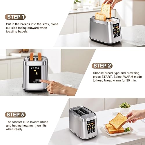 Miniatura 7 de Mecity Tostadora de 2 rebanadas con pantalla táctil y elevación automática, tostadora de acero inoxidable con 8 ajustes de pan, 5 niveles de sombra,