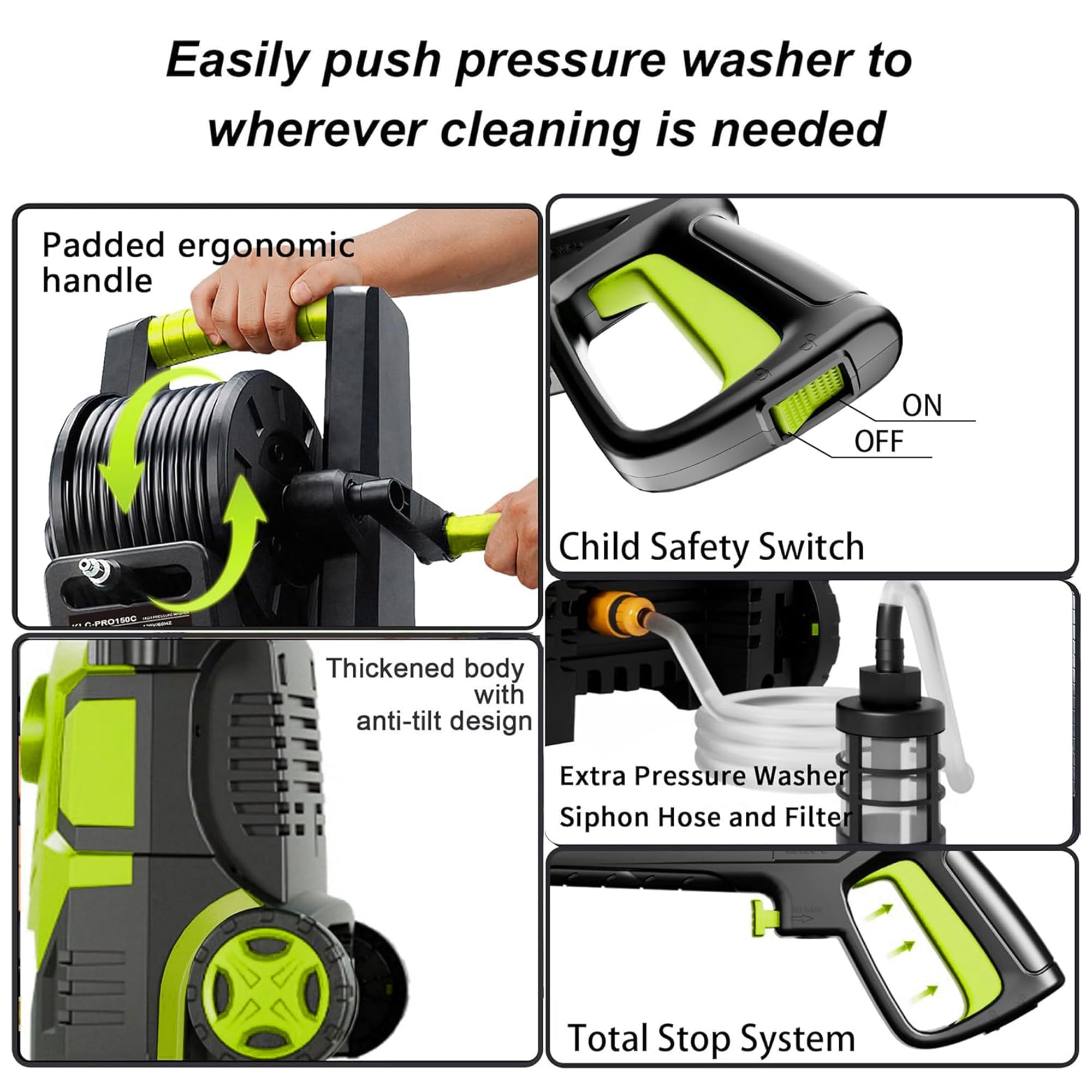 Pressure Washer 5000PSI with Adj-8-Level Touch Screen, 34" Tall Power Washer, 4 Quick Connect Nozzles, Inlet Hose&Filter&500mlFoam Cannon for Cars/Fences/Driveways, Green - 5