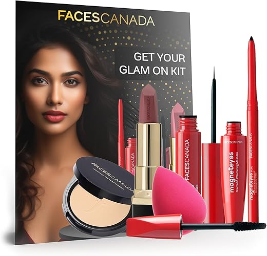 FACES CANADA Get Your Glam On Kit – Kajal (0.35g) + Lipstick (4.2g) + Compact (9g) + Eyeliner (3.5ml) + Mascara (9.5ml) + Beauty Blender | Pack of…