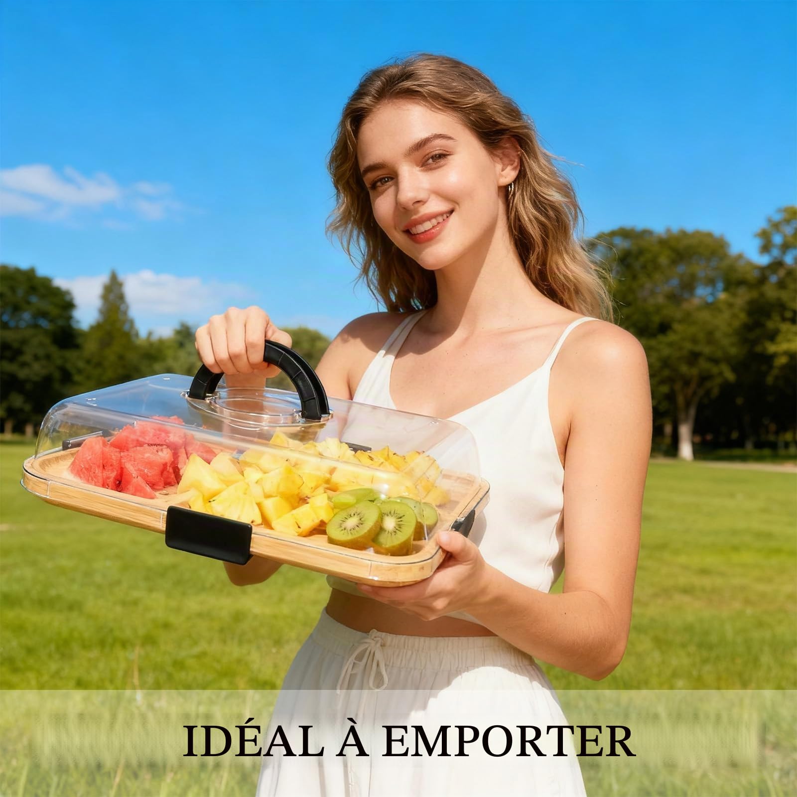Planche à charcuterie avec couvercle – Planche à goûter portable avec 6 compartiments et couvercle transparent – Planche à fromage réversible pour pique-nique, fête et cuisine – Planche de service