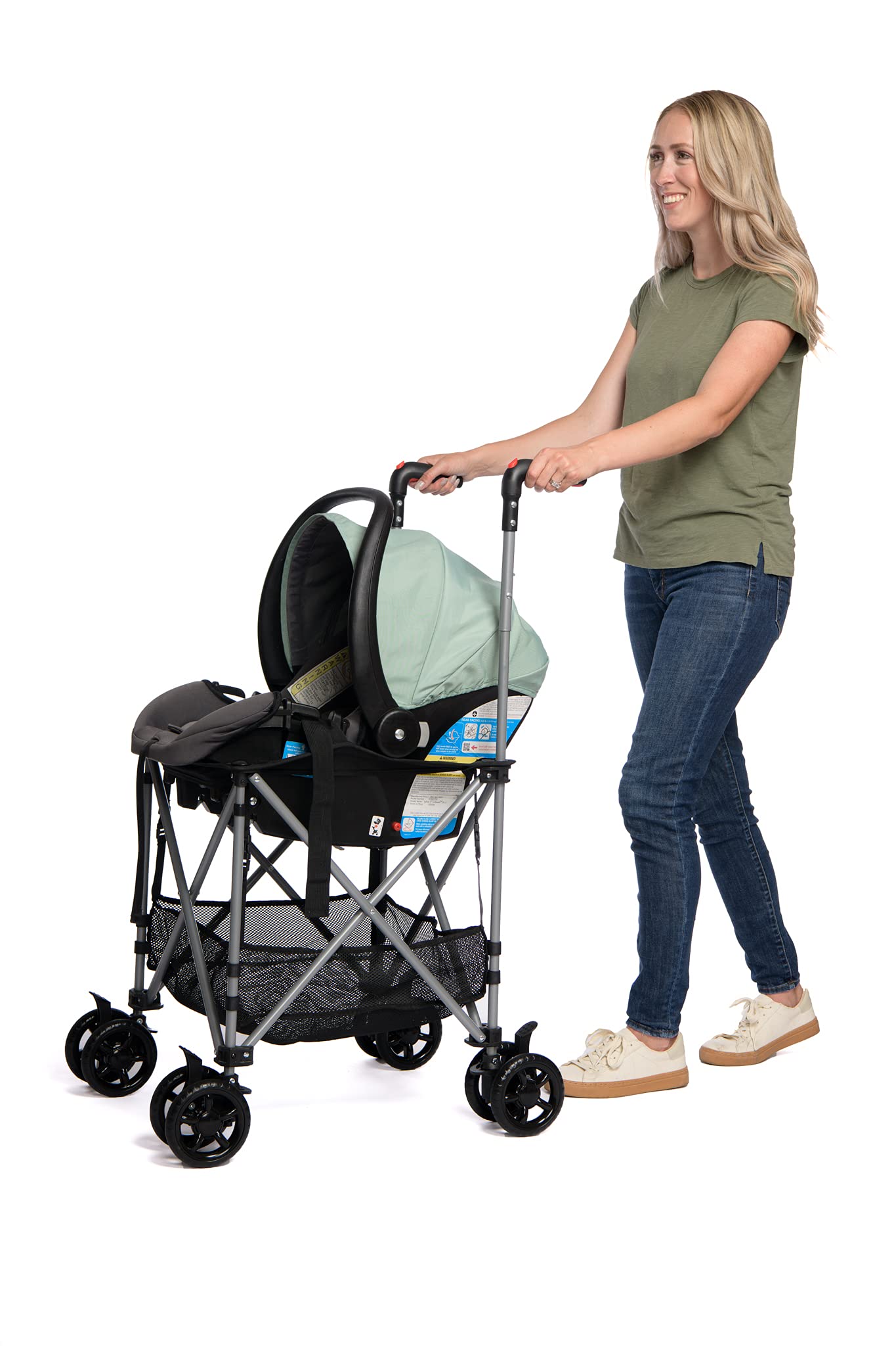 Strolyy Portabebés universal para asiento de coche. Añade ruedas a cualquier asiento de coche. Compacto y ligero. Se adapta a todas partes.