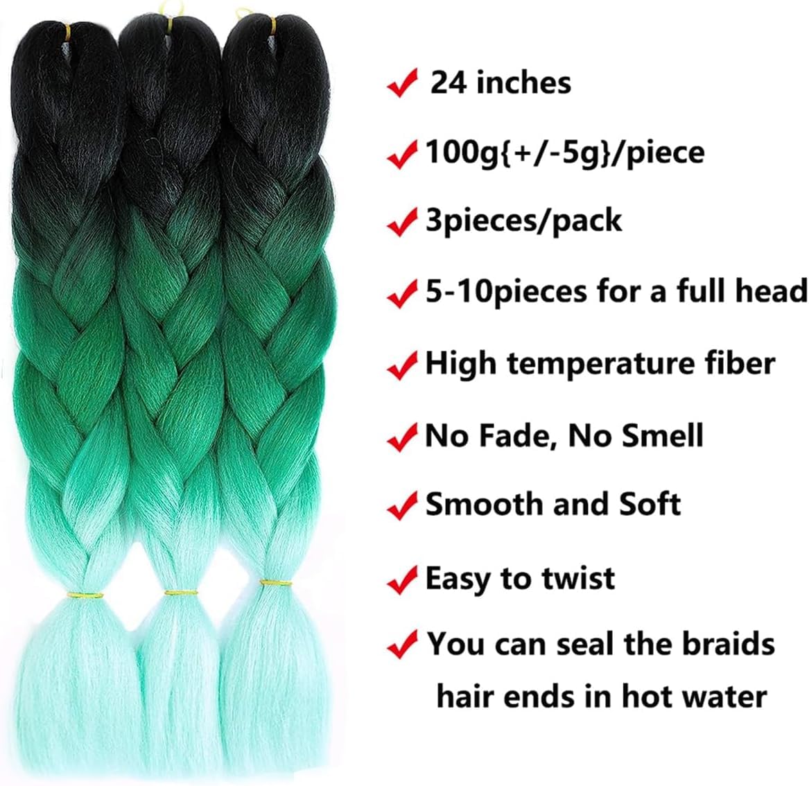 Ombre Braiding Hair Extensions3 Packs 24 Inch Afro Braiding Hair Extensions for Twist Jumbo Box Braiding Synthetic Hair for Women Braiding (Gradient Green/C8) - Image 3