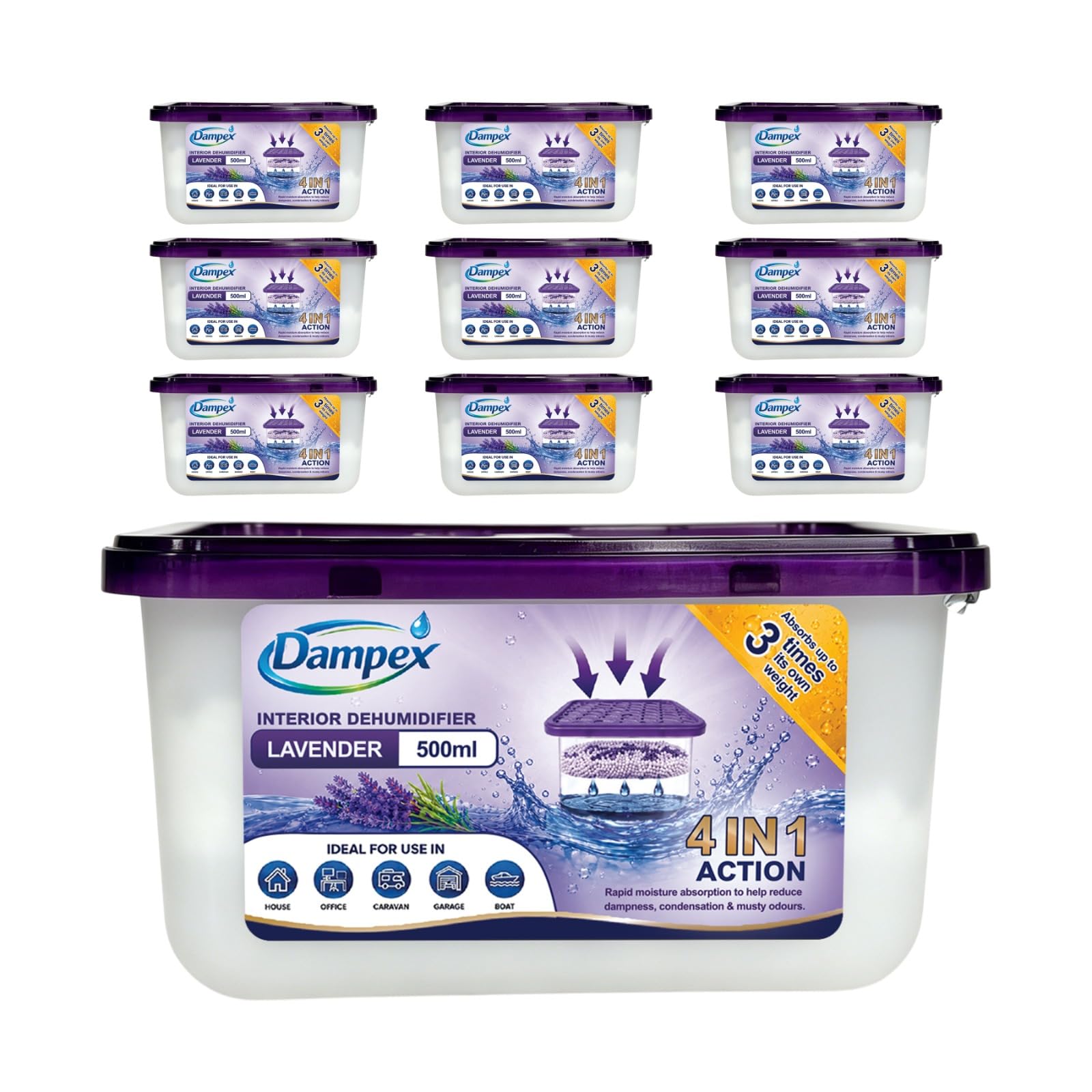DAMPEX Dehumidifier Moisture Absorber Damp Trap 500ml Tub-10 Pack-Lavender — image 1