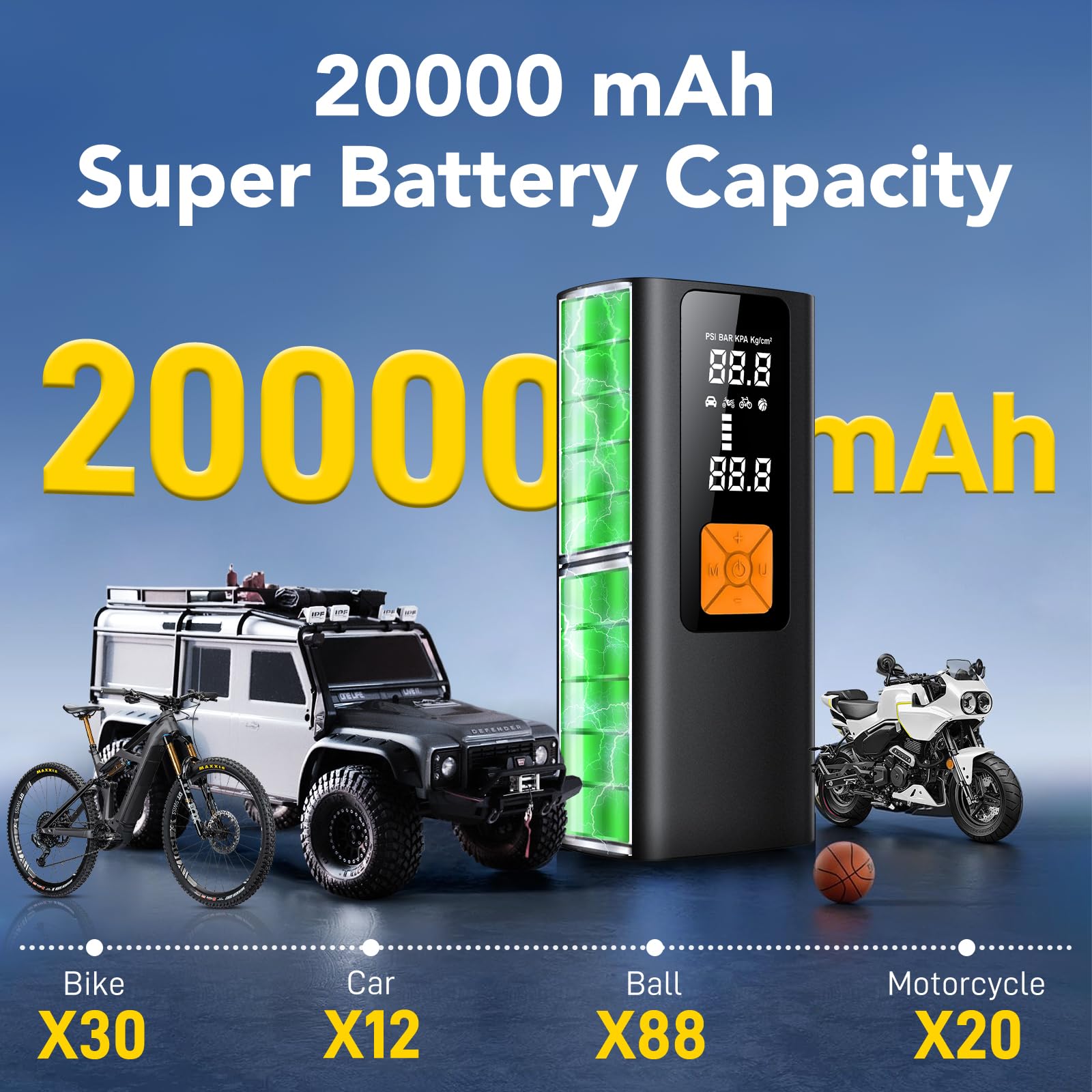 Compressore Aria Portatile, 150PSI & 20000mah Mini Compressore Portatile, 3X Velocità Gonfiatore Elettrico con Schermo LCD Digitale, 5 Modalità, Pompa per Bicicletta, Auto, Moto, Monopattino, Palloni