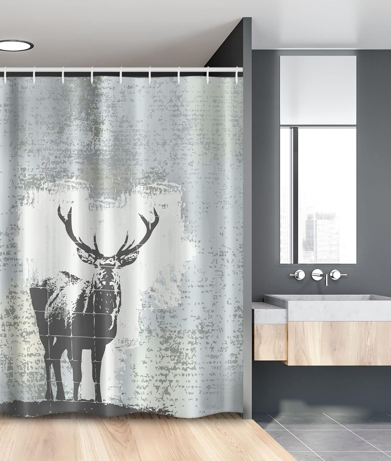 Ambesonne Antlers Stall Shower Curtain, Standing Stag Silhouette Grunge Style Background Shadow Monochromic Illustration, Fabric Bathroom Decor Set with Hooks, 54" W x 78" L, Grey Black