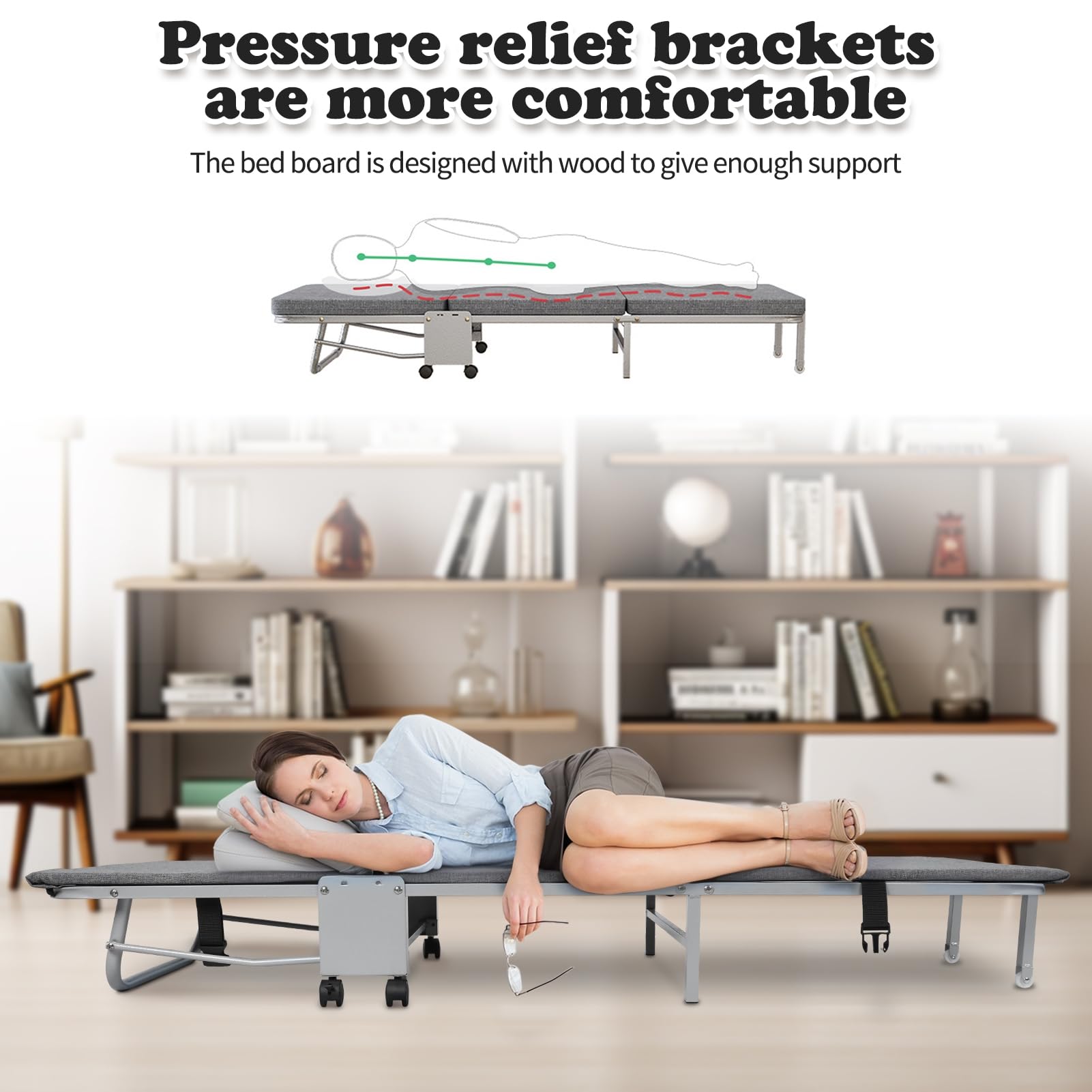 Lettino pieghevole, resistente lettino da campeggio con comodo materassino, struttura in metallo portatile, letto per gli ospiti per adulti, lettino regolabile per dormire, grigio