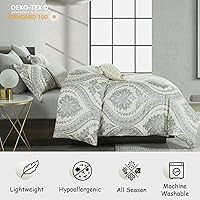 Vista 2 de Bedduvit Juego de funda de edredón de algodón, tamaño Queen, damasco, estampado de cachemira, transpirable, minimalista, con estampado de damasco