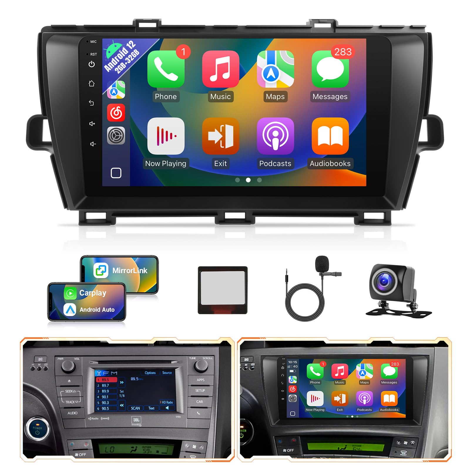 Photo 1 of 2+32GB Android 12 Car Radio Stereo for Toyota Prius 2010-2015 with Carplay Android Auto - 9inch Touch Screen for Prius Head Unit with BT WiFi GPS SWC +Rear Camera+CANBUS - for Big Screen with J.B.L