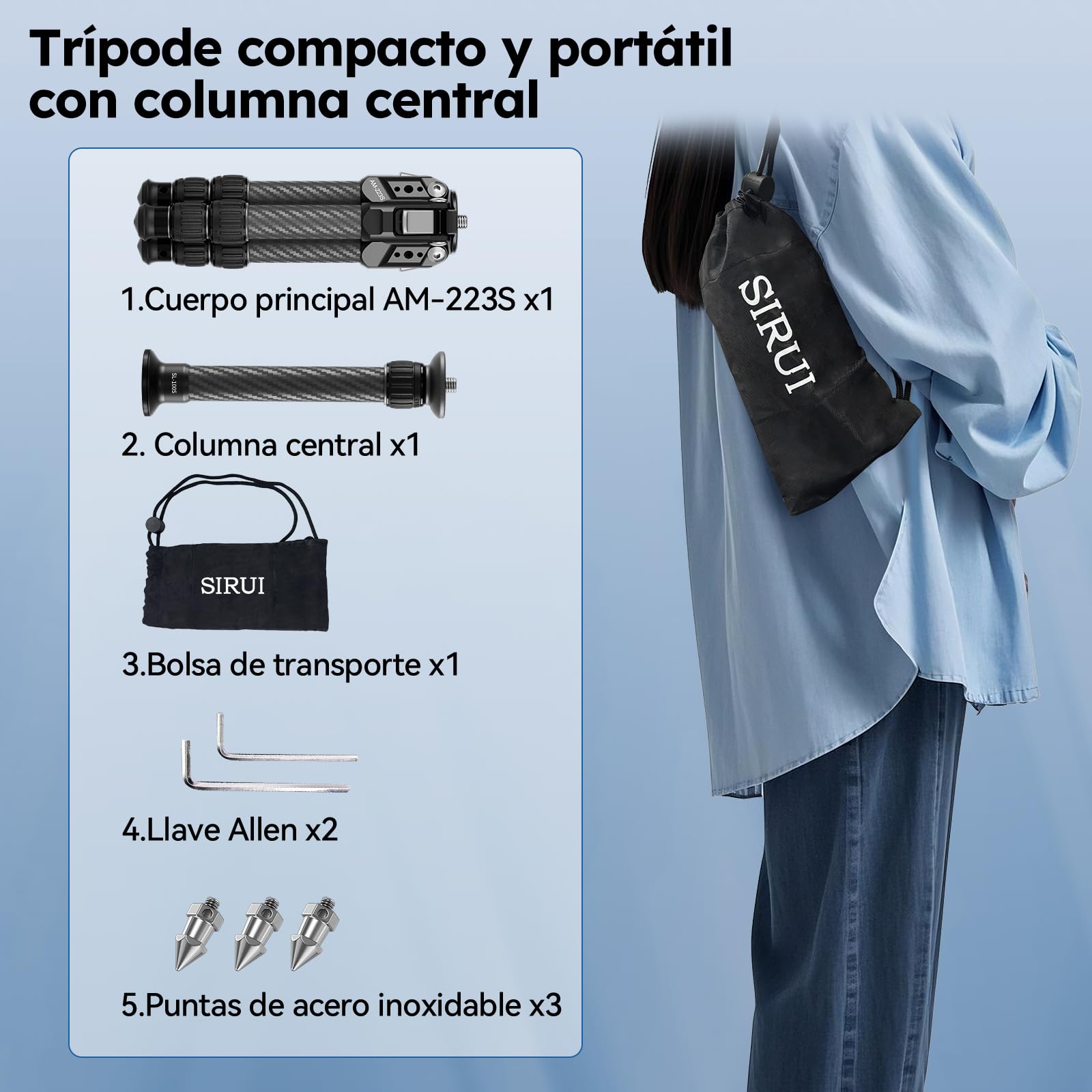 SIRUI 26,6" Mini Trípode para Cámara, Trípode de Carbono Portátil con Tubo de Extensión, Trípodes de Mesa Solo 0.7 kg y Soporte 15 kg para Escritorio y Viaje - AM-223S+SL-100S