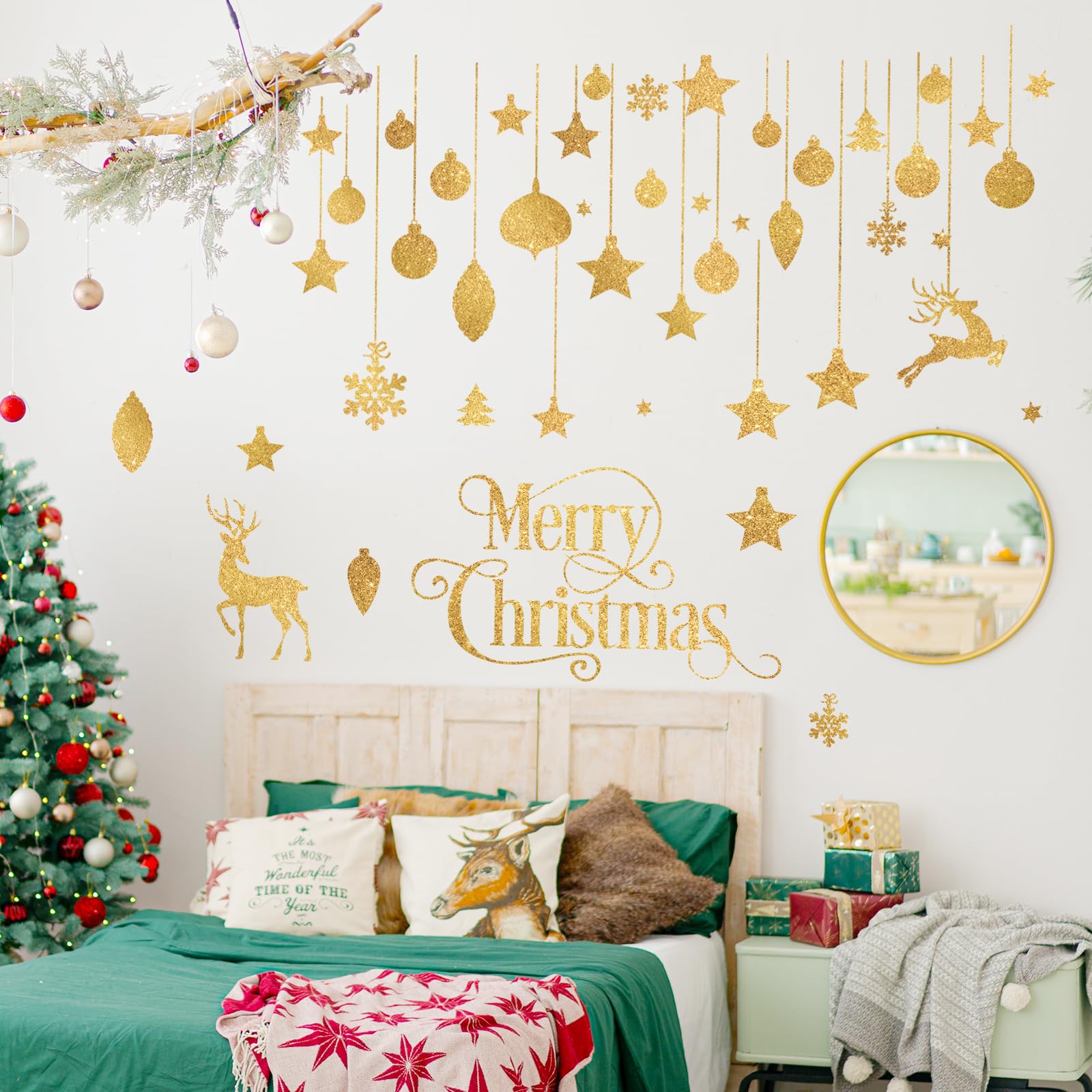 FUFUQUARE Christmas Wall Stickers Glitter Gold Reindeer Bells Snowflakes Ornaments Window Showcase Decals - Image 3