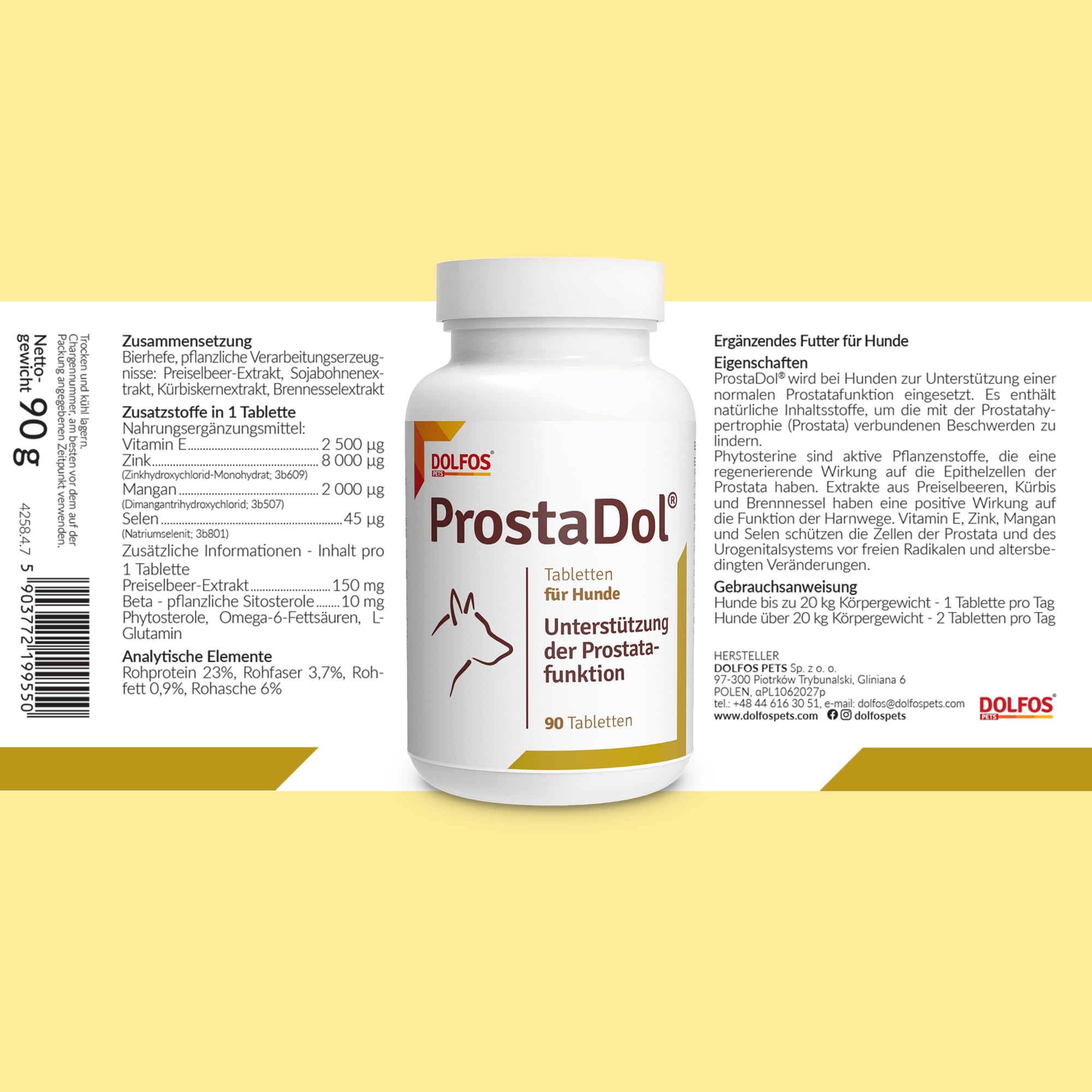 DOLFOS PETS ProstaDol, 90 Tabletten für Hunde, Prostata Hund & Harnwege unterstützen, Mit Kürbiskern Cranberry Hund, Natürliches Nahrungsergänzungsmittel bei Inkontinenz & Blasenschwäche