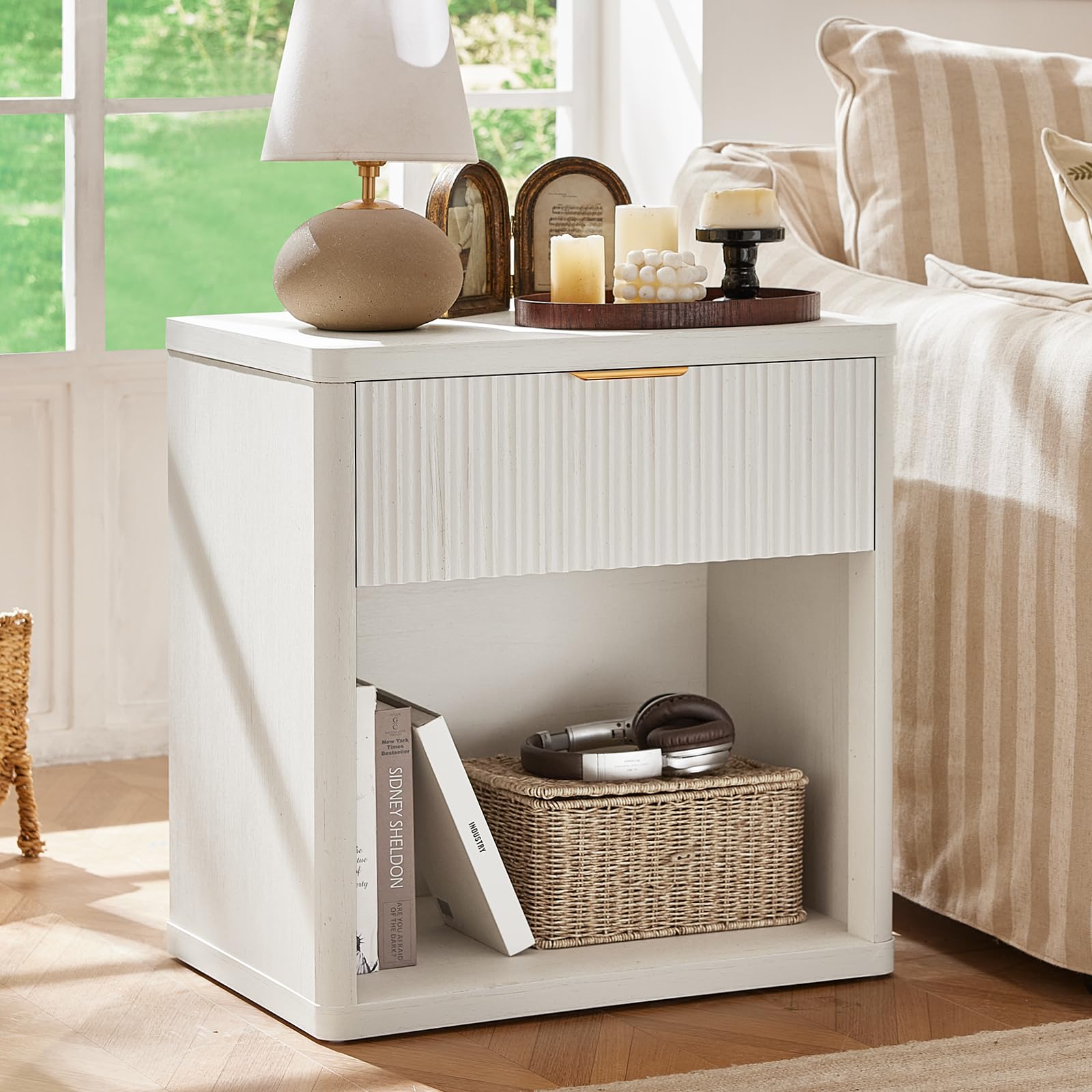 LEYAOYAO Fluted Nightstand with Charging Station, 23" Wide 1 Drawers End Table,White Night Stand with Open Storage Cabinet, Farmhouse Bed Side Tables,