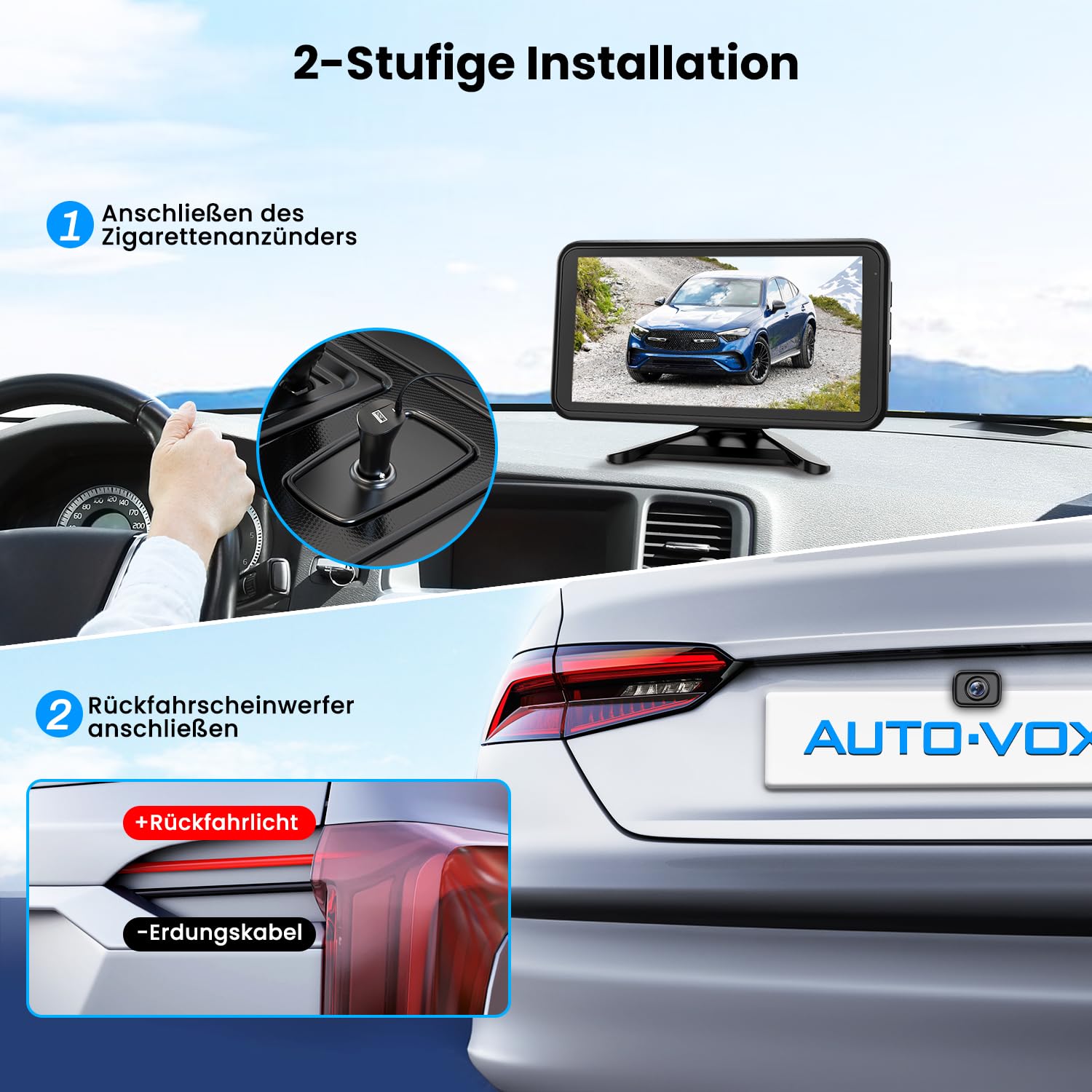 AUTO-VOX W12 Rückfahrkamera Kabellos 5" LCD 1080P Funk 2 Kameras IP69K Wasserdichter Nachtsicht für Auto LKW Wohnmobil