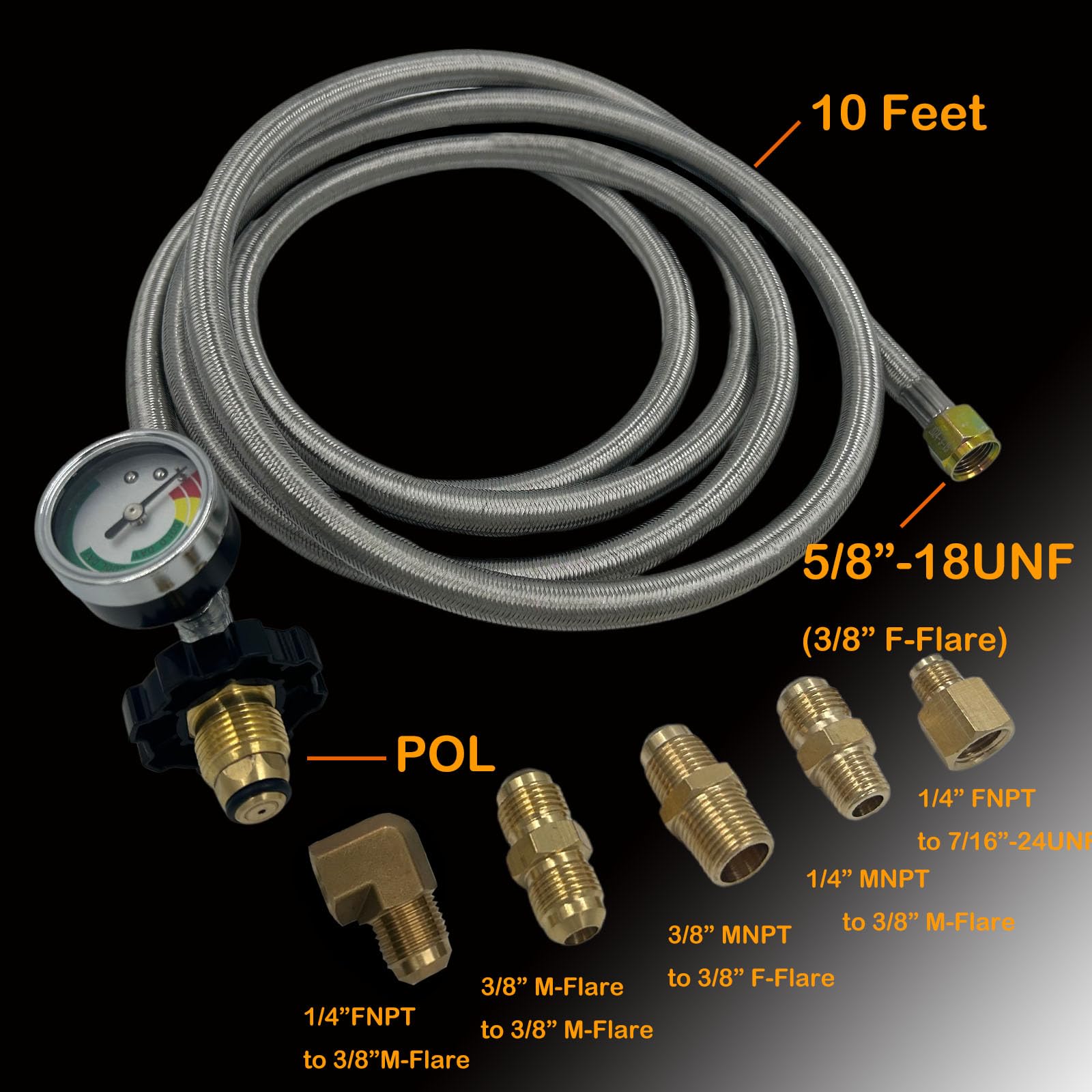 Mensi Manguera de gas propano de 3/8 pulgadas, accesorios de 1/4 pulgadas NPT macho de 3/8 pulgadas macho de 1/4 pulgadas, codo invertido macho de 1/4 pulgadas, kit universal POL regulador de tanque