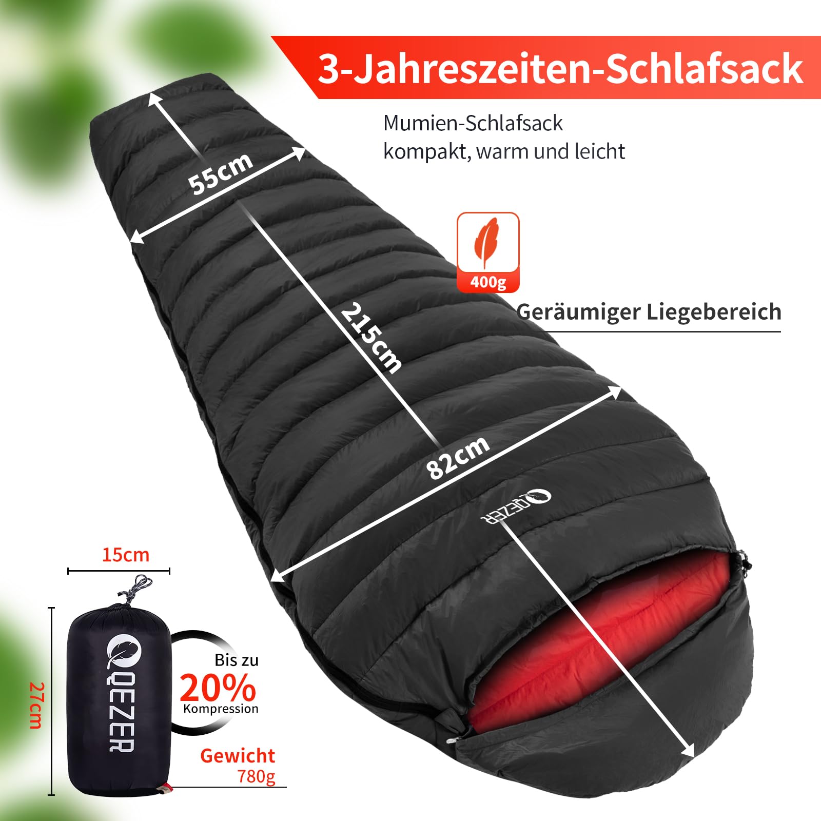 Daunenschlafsack, Schlafsack Ultraleicht, 600FP+ Premium Daunen, Geeignet für Winter/Sommer, geeignet für Camping, Wandern und Outdoor-Trekking