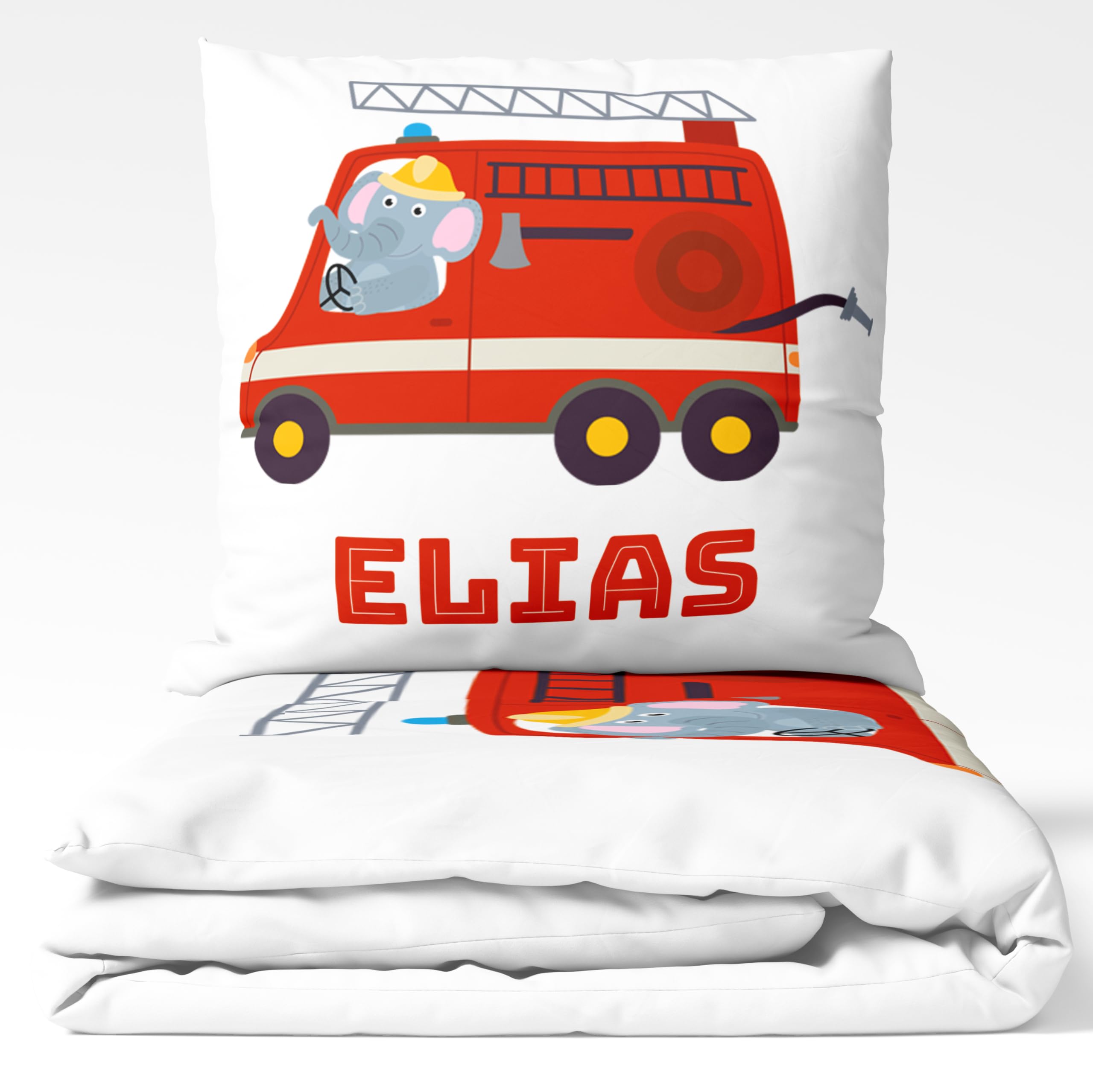 Ensemble de Parure de Lit Personnalisable avec Nom pour Bébé et Enfant - Camion de Pompier - Housse de Couette Zippée et Taie d'oreiller Incluses - Cadeau Unique. 100 x 135