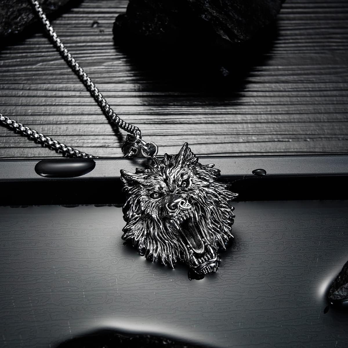 FUTIMELY Men's Stainless Steel Viking Wolf Necklace - Vintage Gothic Tribal Pendant - Punk Style Domineering Fierce Amulet Wolf Head Jewelry - Image 4