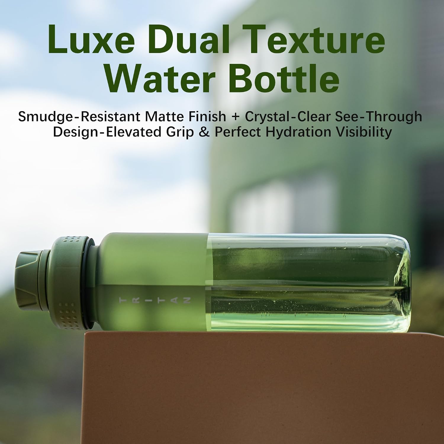 OLDLEY 32oz Water Bottle with Handle, BPA-Free Tritan Reusable Sports Water Bottle with Leak-Proof Dust Lid, Wide Mouth, Cup Holder Friendly, Half Frosted Clear Bottle for Gym,Travel,Work,Olive Green image 2