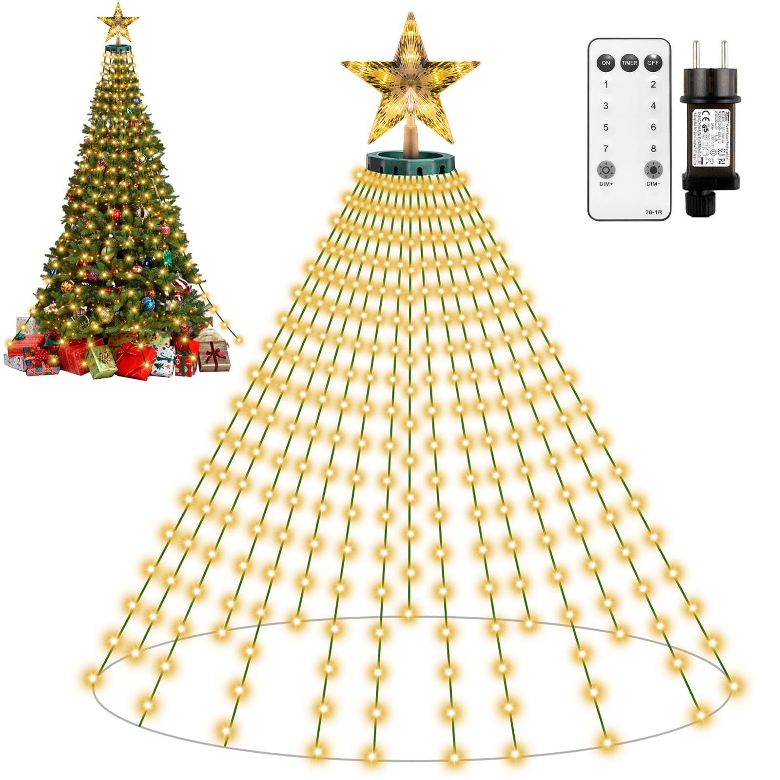 410 LED Luci Albero di Natale, 8 Modalità 2Mx16 Fili Mantello Luci per Albero di Natale a Cascata con Star Topper， Impermeabile Luminarie Natalizie con Telecomando per Interno Esterno Decorazioni | 8 Modalità luminose, Impermeabile Luminarie Natalizie con