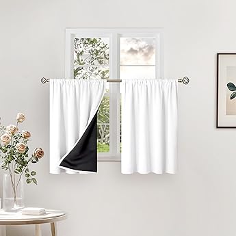 RYB HOME 100% Blackout White Short Curtains, Thermal Insulated Total Room Darkening Noise Reducing Curtains Tier for Cafe Kicthen Basement, 42 inches Wide by 30 inches Long