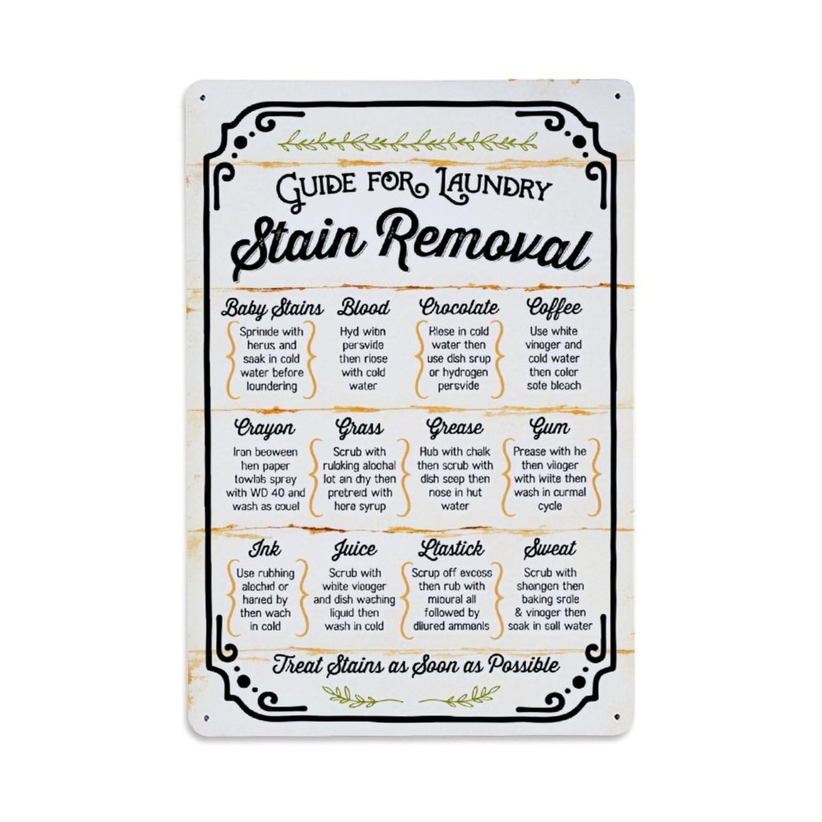 Enderetf Vintage Laundry Stain Guide Pattern Tin Sign Metal Poster, Home Bar Garage Man Cave Cafe Indoor & Outdoor Wall Decoration 8X12inches