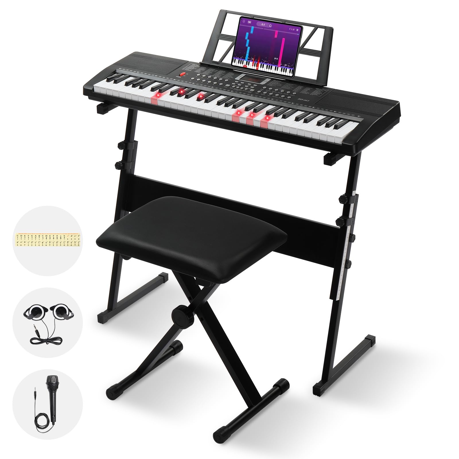 Bonnlo GEP-110S01 Piano Numérique 61 Touches, Clavier avec Support et Tabouret de Piano, Haut-Parleurs Intégrés, Casque, Microphone, Pupitre, écran LED, 3 Modes d'Apprentissage, Noir